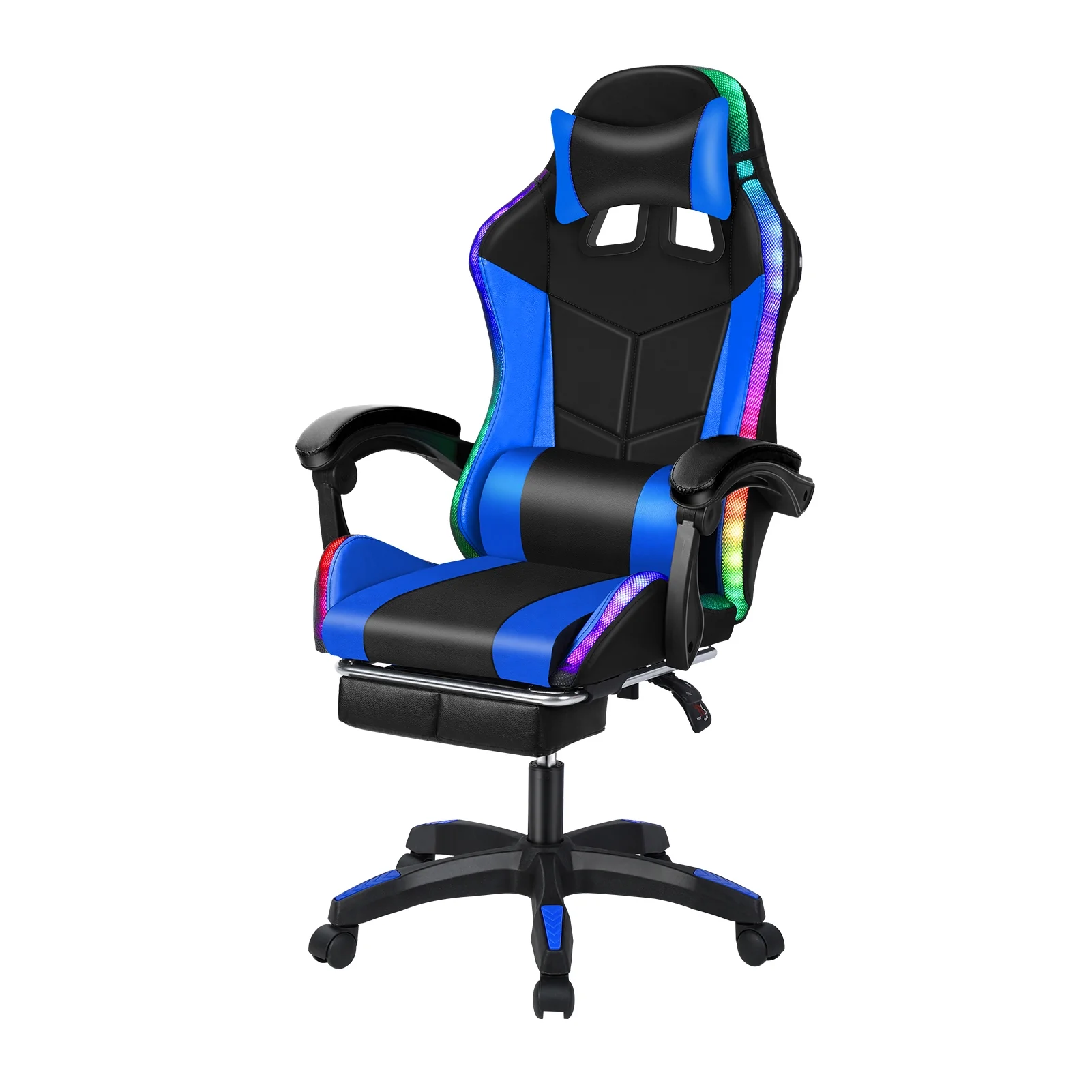 Happydeer Gaming Chair with Bluetooth Speakers and LED Lights Ergonomic Massage Video Game Chair with Footrest High Back with Lumbar Support Blue and Black