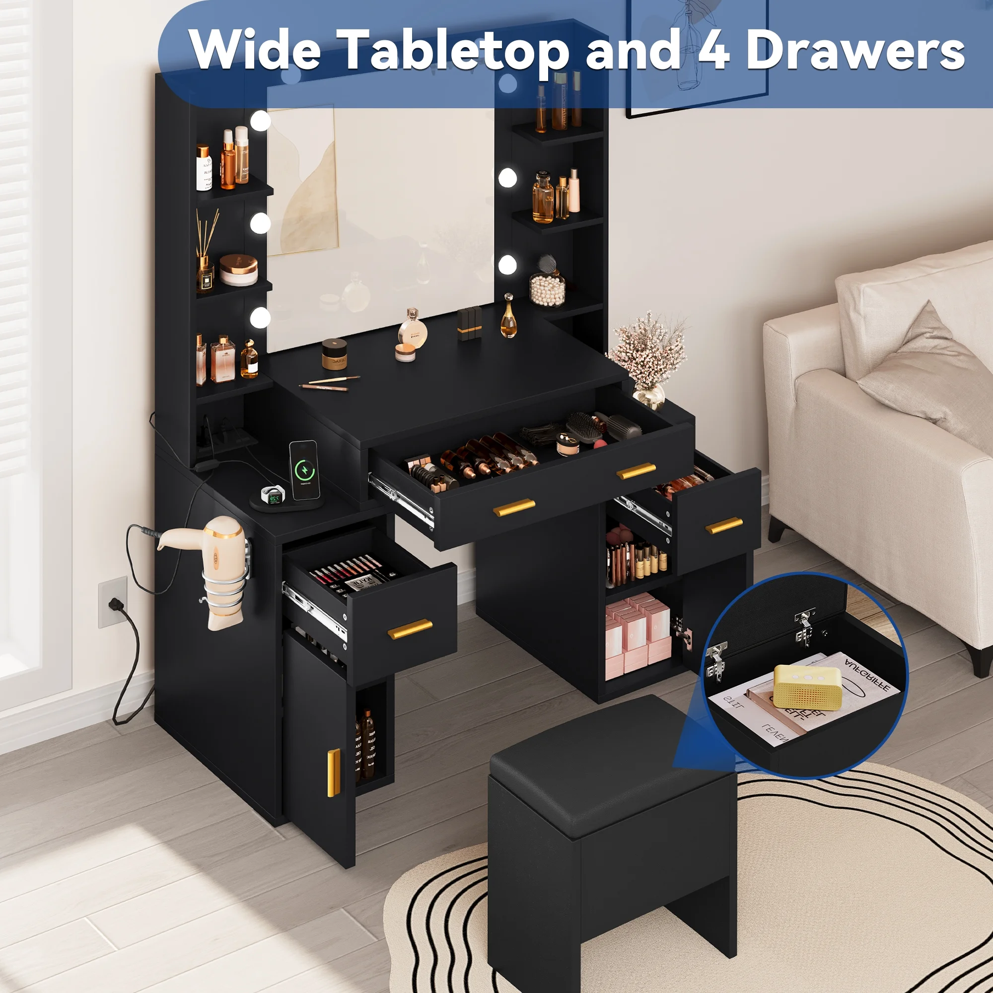 Dextrus Elegant Makeup Vanity Set with Lighted Mirror and Drawers, White Makeup Desk,Dressing Table for Girls