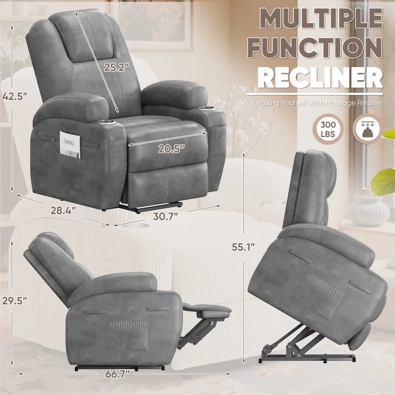 Lacoo power lift electric Massage recliner chair Oversized Single Sofa with Cup Holder for elderly,Black