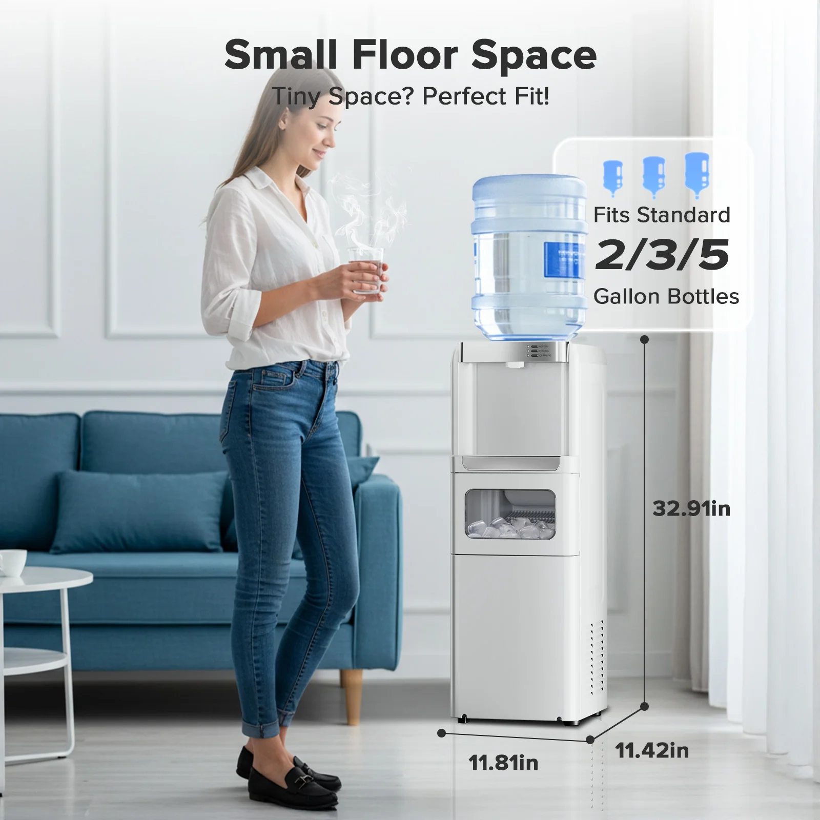 LHRIVER 2-5 Gallon Water Dispenser & 6-Min Ice Maker, 3-in-1 Hot/Cold/Ice, Child Lock & Energy-efficient, for Home/Office, Black