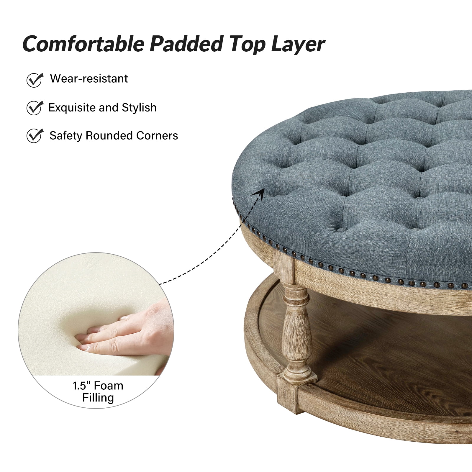 36'' Wide Blue Round Large Ottoman Tufted Coffee Table with Storage Wood Legs Home Living Room