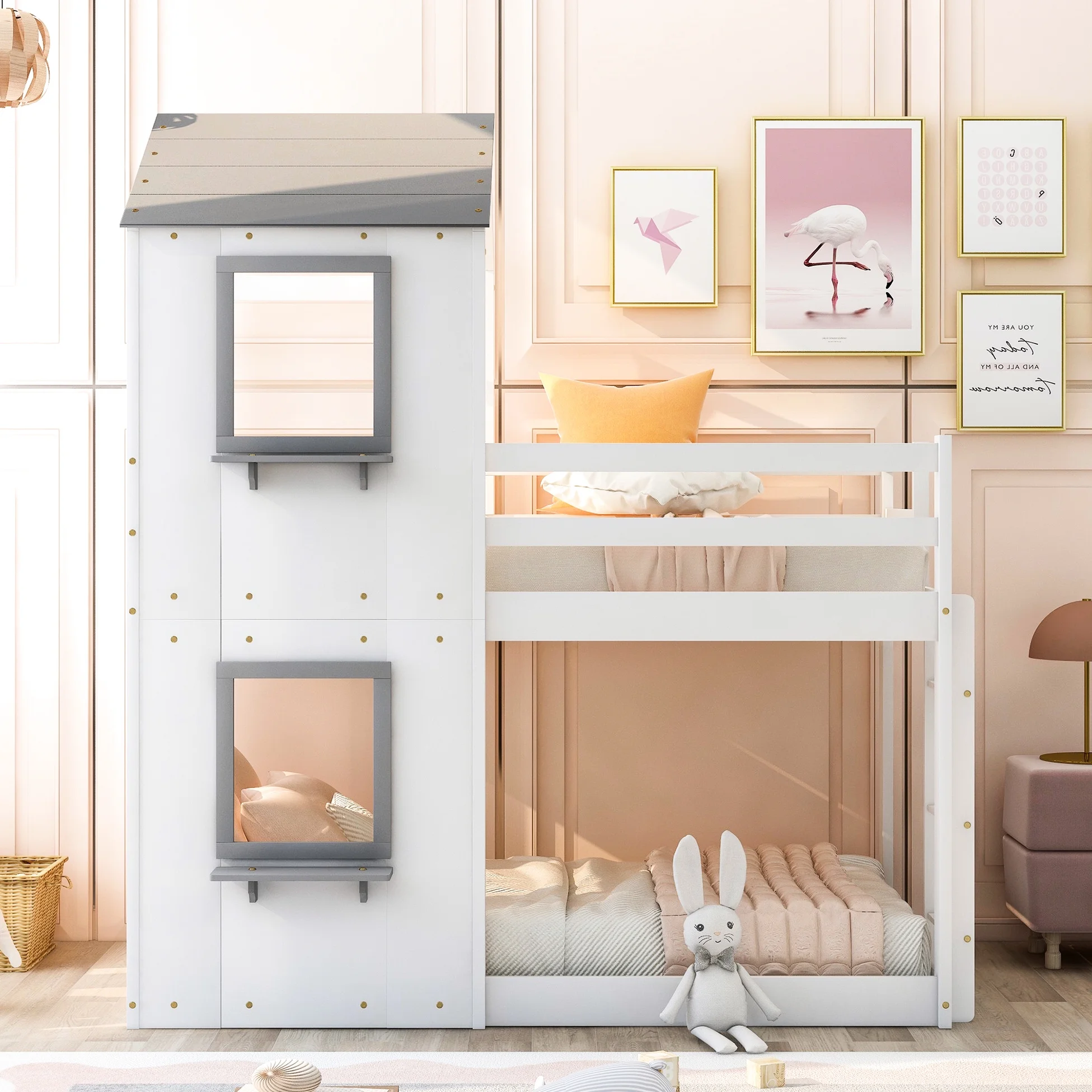 White Twin Over Bunk Bed With And Guardrail - Solid Pinewood Strong Support Wood