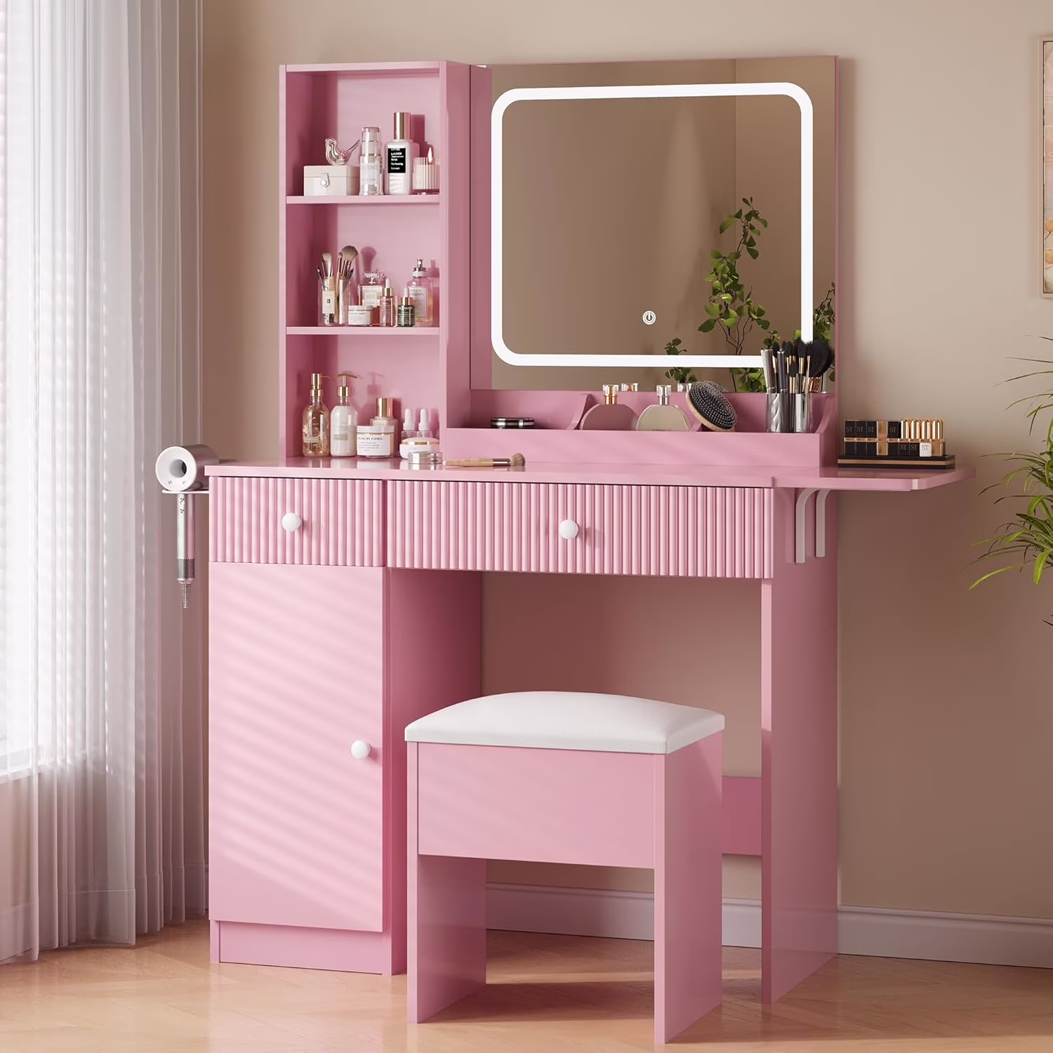 M optimized Vanity Desk with Mirror and Lights, Power Outlets Makeup Table with Drawers & Cabinet, Storage Stool, Dressing Table for Bedroom