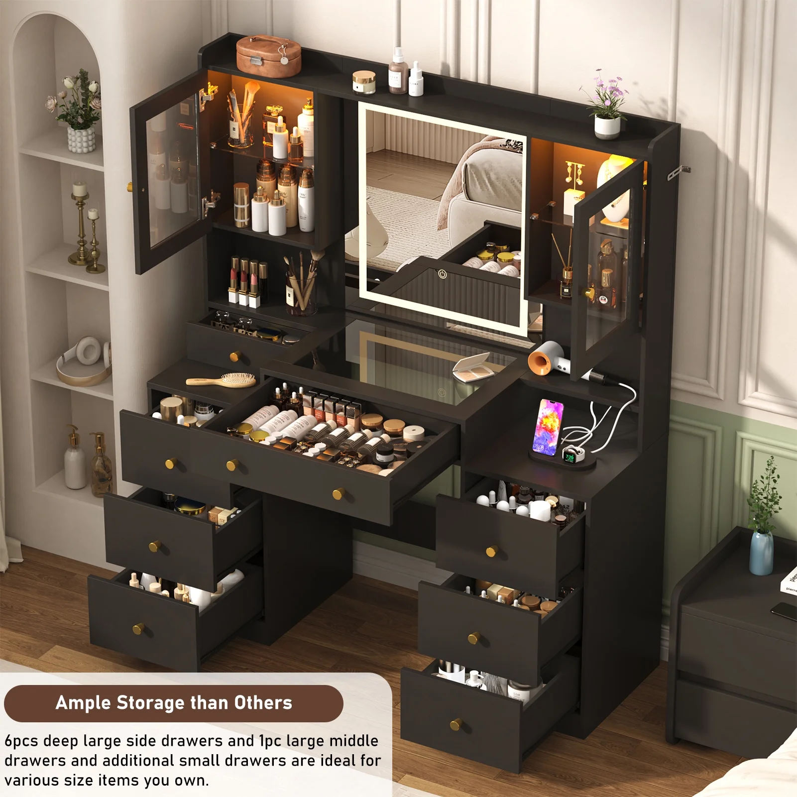 ChVans 62'' Large Vanity Desk with Tempered Glass Top, 60000-color LED Lights, Charging Station, White Makeup Vanity with 3 Lights Mode LED Mirror, 9 Drawers, 2 RGB cabinets for Women, Girls Gift