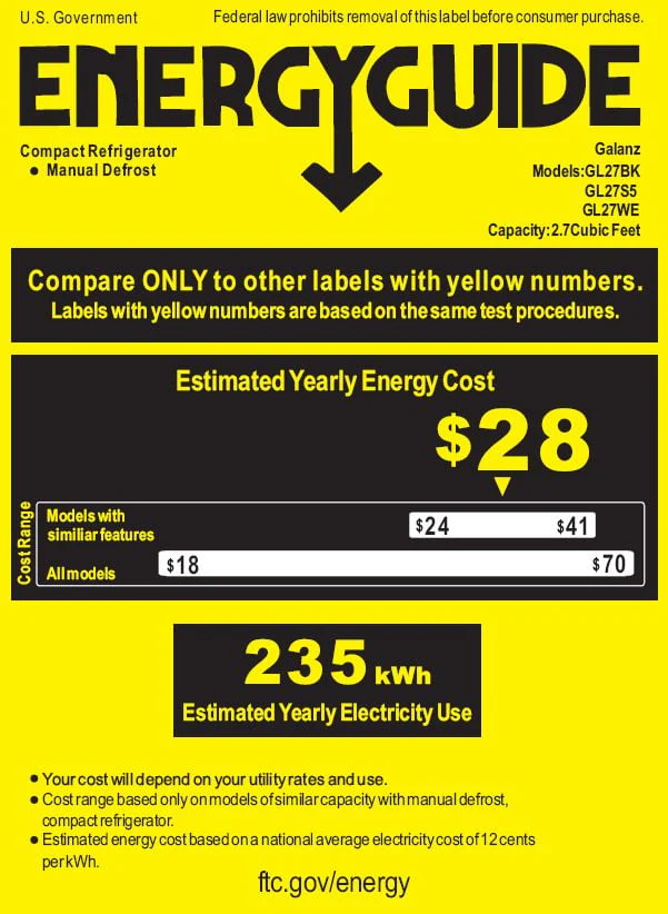 Galanz 2.7 Cu ft Single Door Mini Fridge, Black, Estar