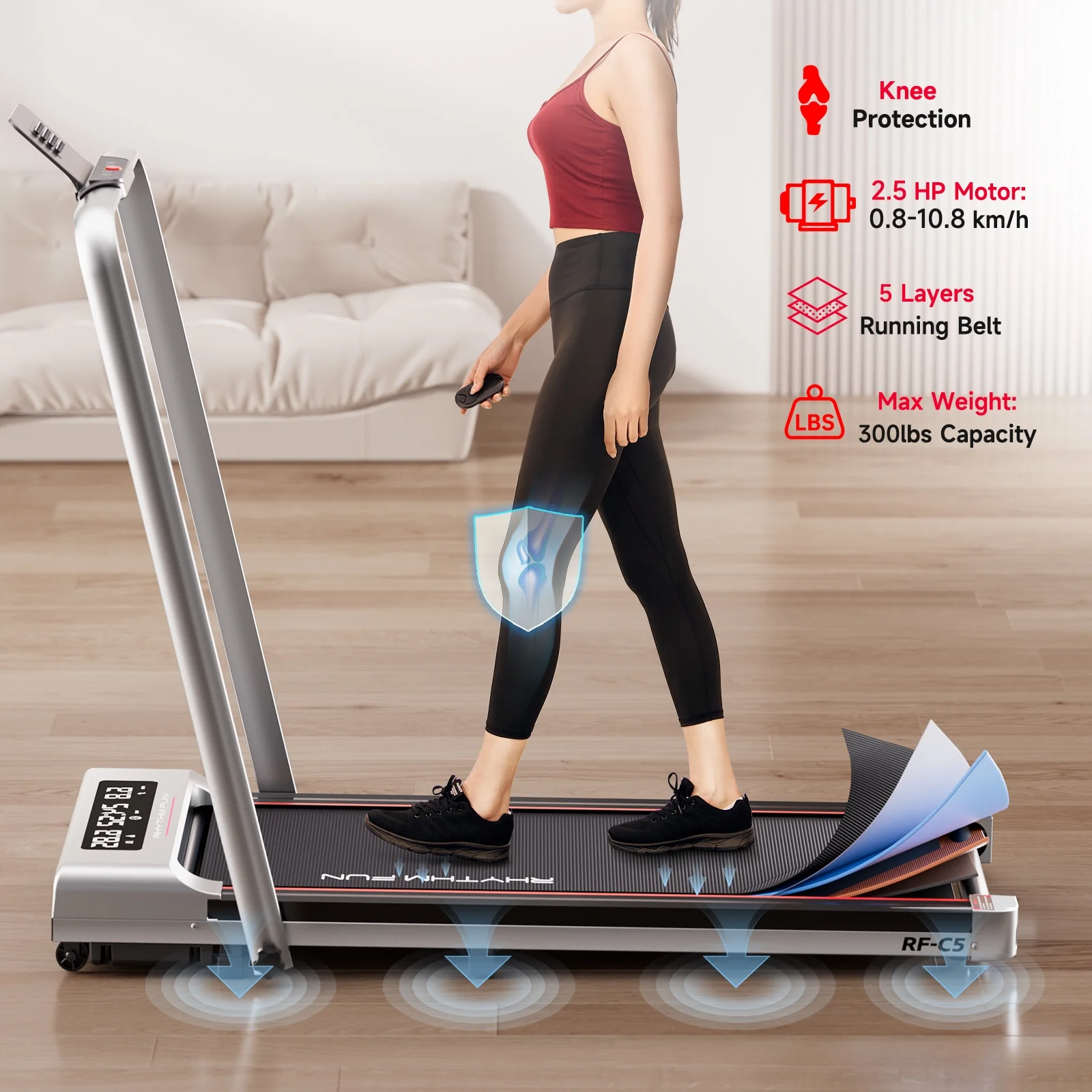 RHYTHM FUN Foldable Walking Pad with Incline, Portable Under-Desk Treadmill, 300 lb Capacity, Remote Control, LED Display for Home and Office