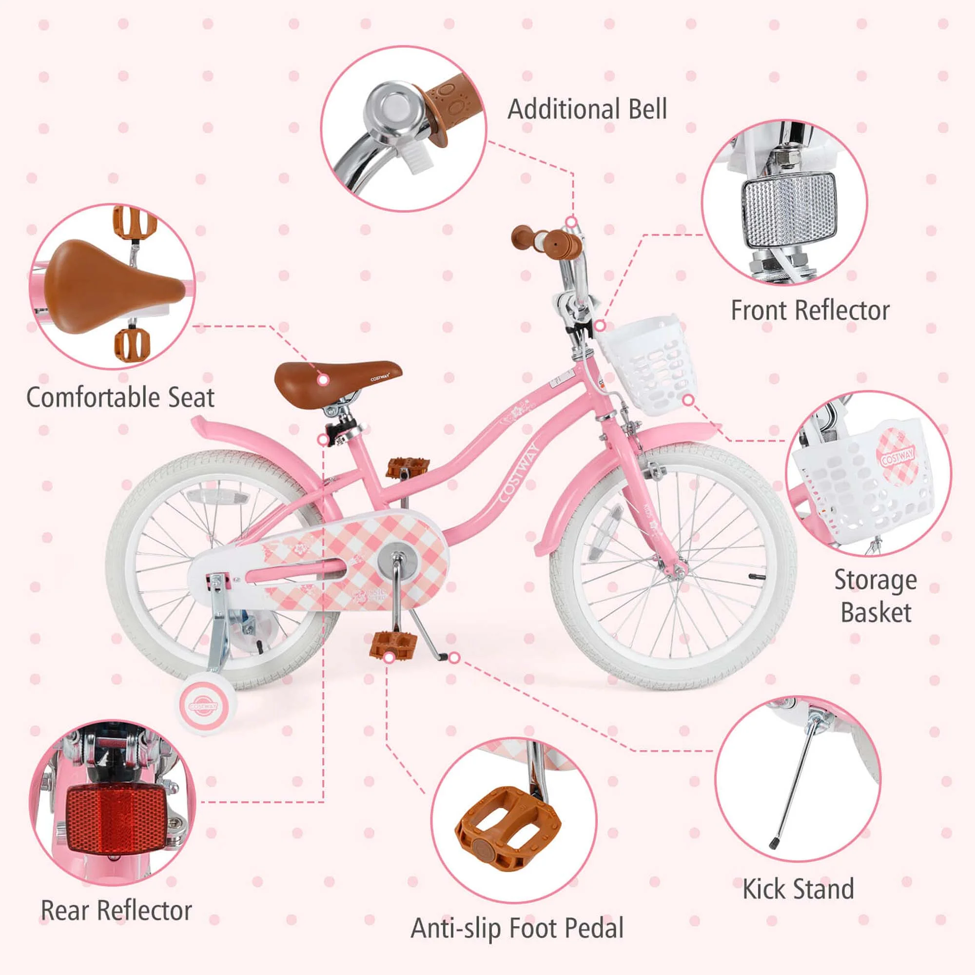 Costway 18'' Kids Bike Toddler Bicycle with Training Wheel Kickstand for 4-8 Years Old Pink