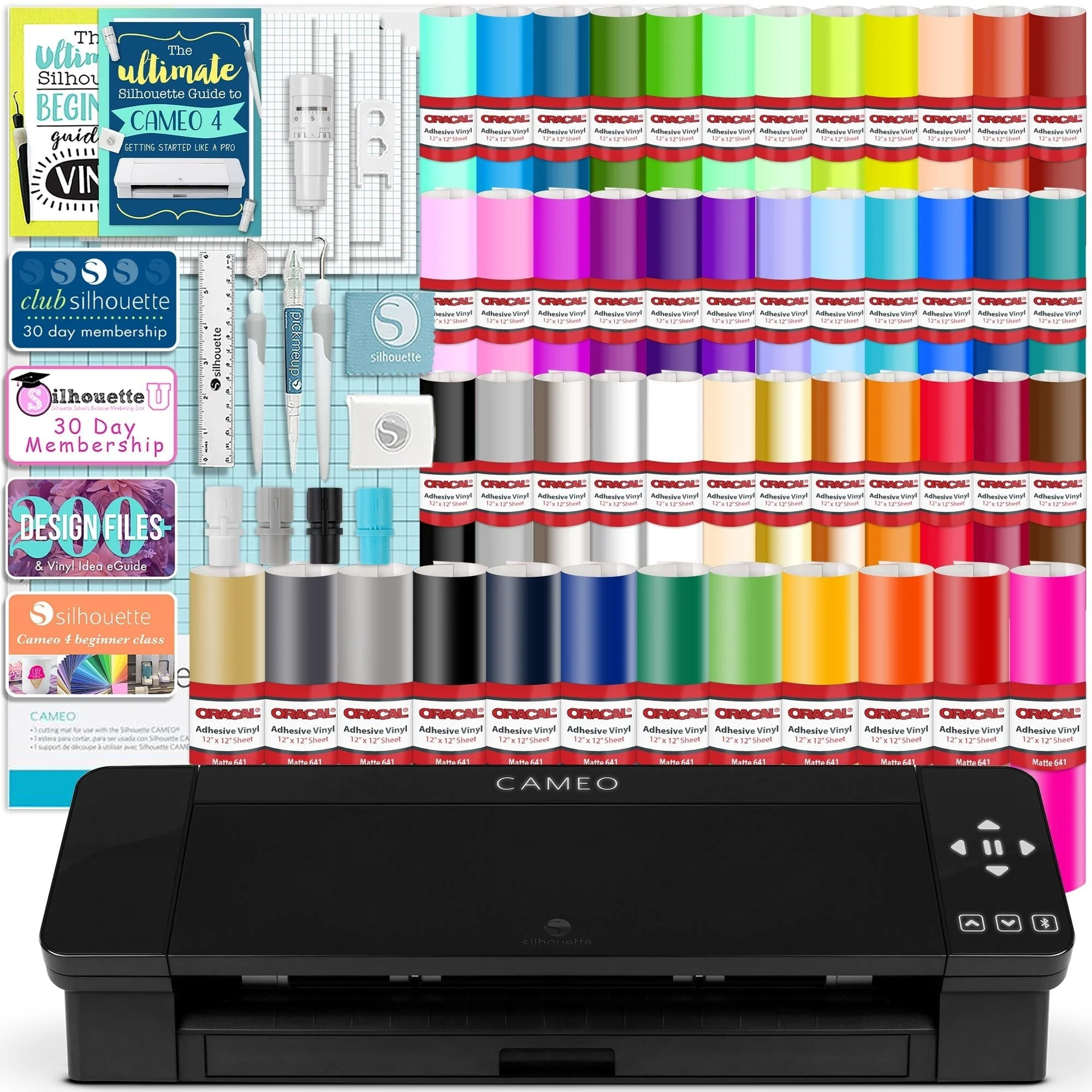 Silhouette Black Cameo 4 w/ 64 Oracal Vinyl Sheets, Tools, Guides