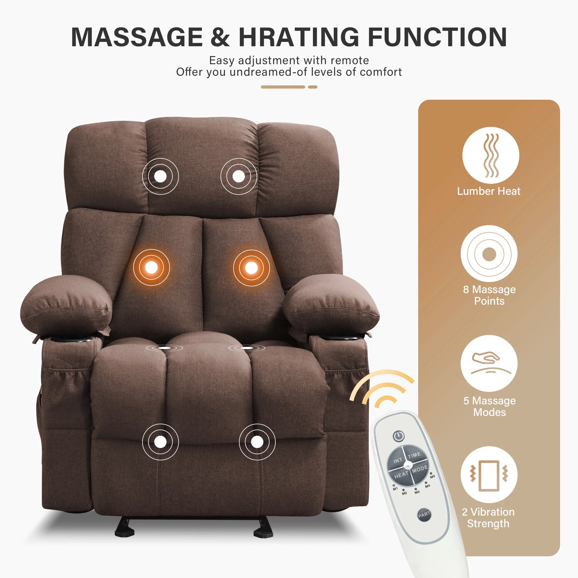 JONPONY Manual Recliner Chair with Heat Therapy and Massage Function, Heavy Duty Reclining Mechanism Massage Chair, Elderly Single Rocker Sofa with Cup Holders for Bedroom Home Theater,Grey
