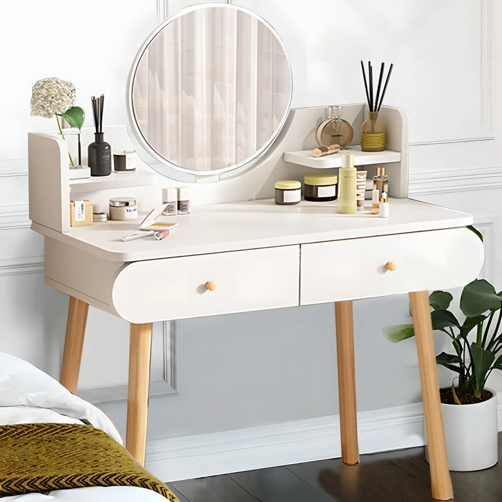 MIKOO Vanity Table Set with Mirror, Modern Makeup Vanity Dressing Desk with 2 Drawers & 2 Shelves ,White (Without Stool)