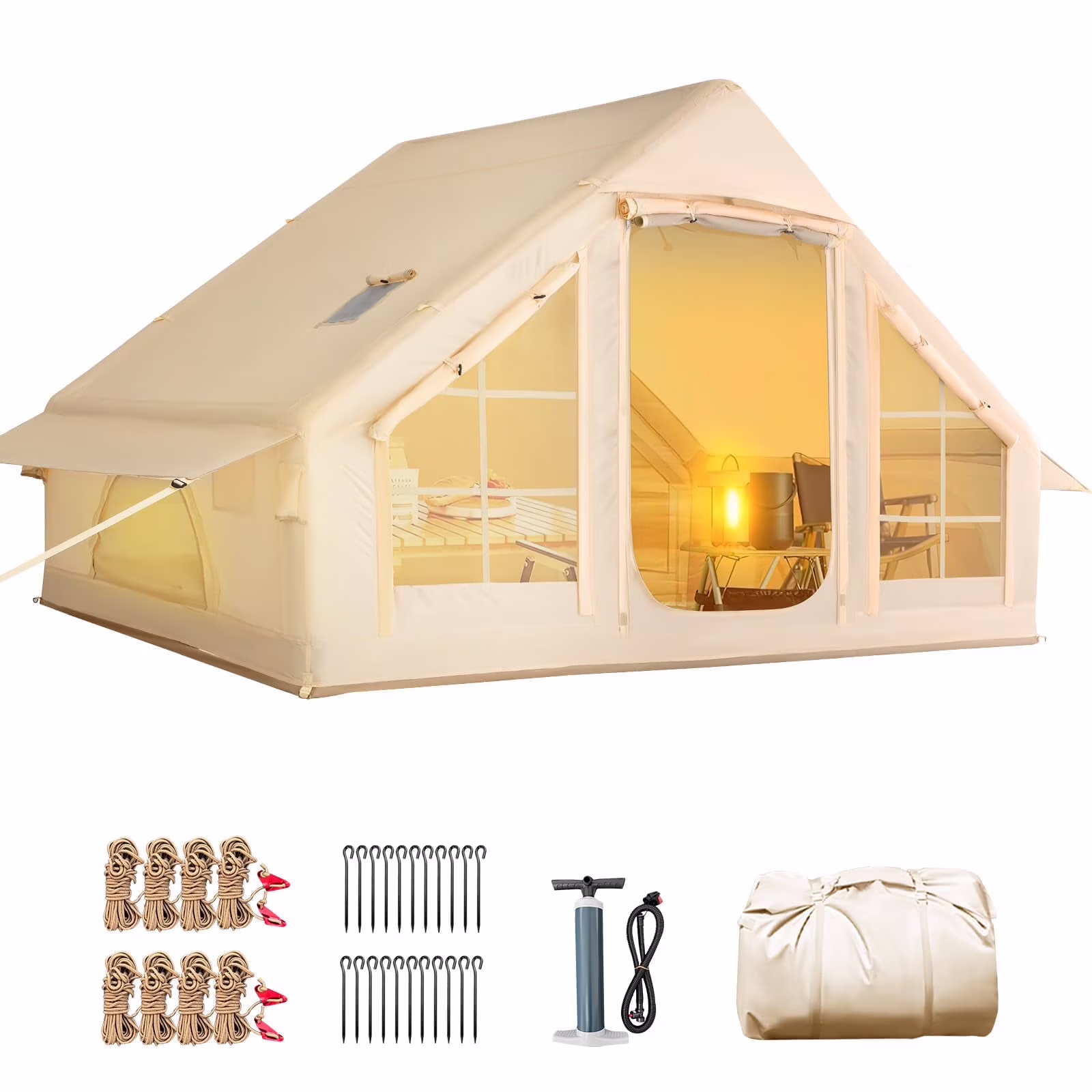 Yoleny 12'x8' Inflatable Tent, 96 SFT Blow Up Tent for Camping, 4 Season Oxford Glamping Tents with Clear Skylight, Pump & Stove Jack