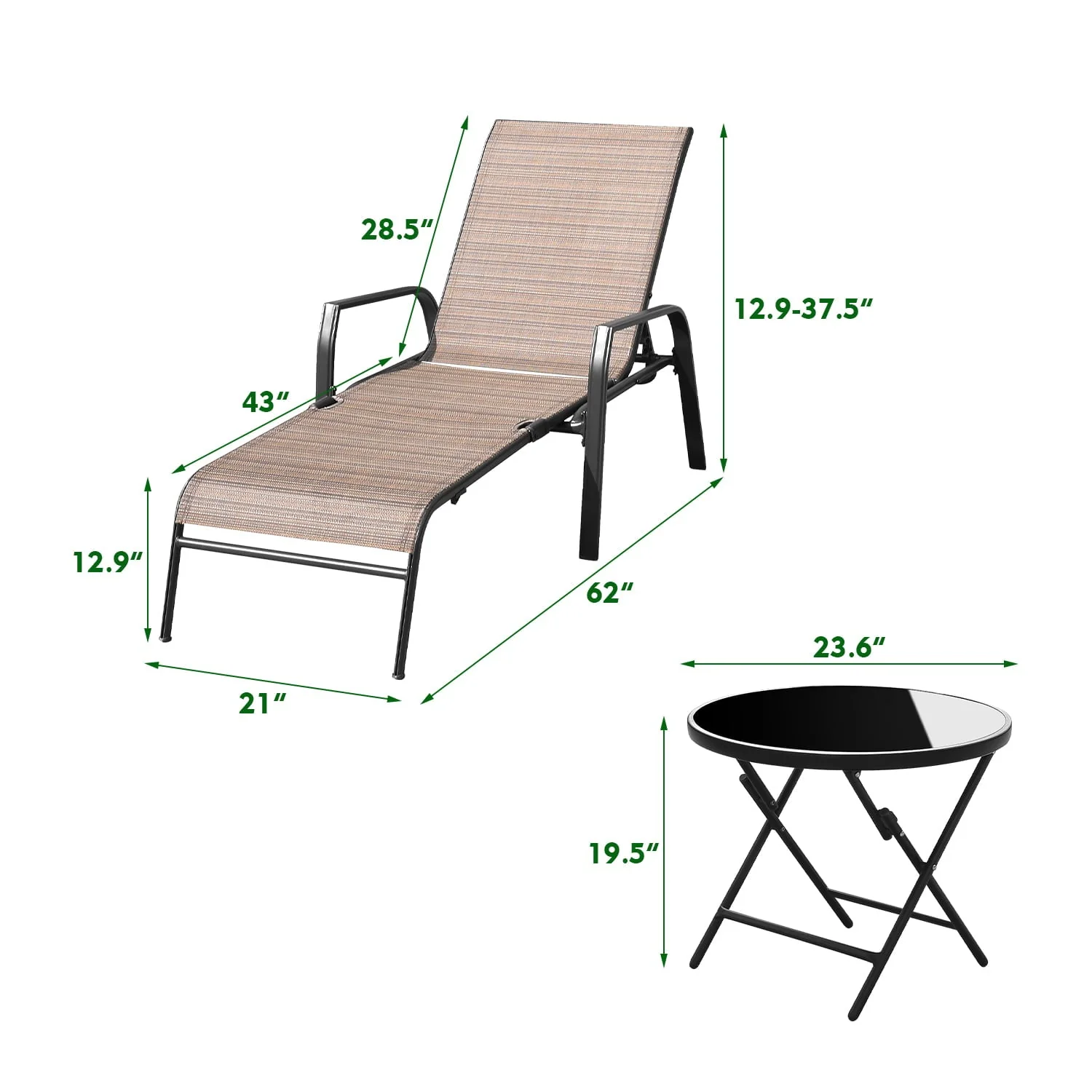 Devoko 3 Pcs Outdoor Chaise Lounge Steel Chair Sets Adjustable Backrest with Tempered Glass, Beige