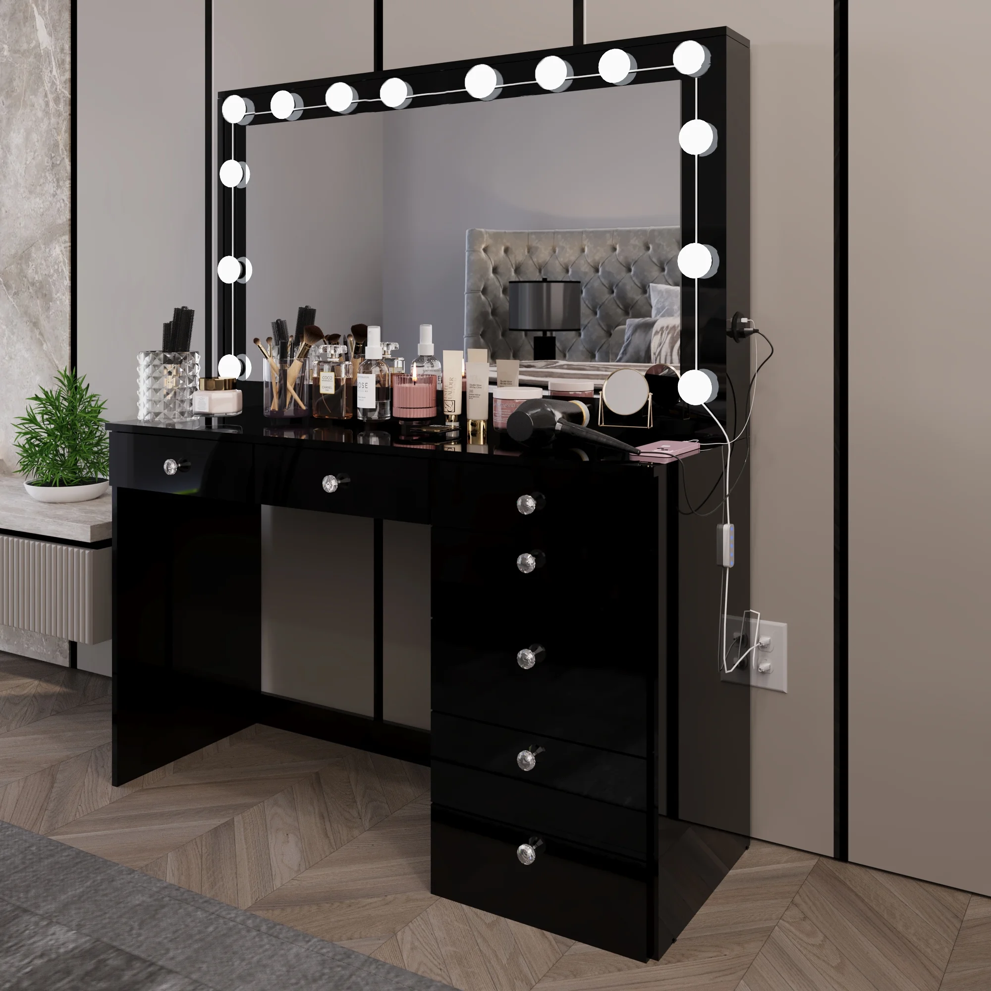 Boahaus GRWM Diana White Makeup Vanity with 7 Drawers, Mirror, Lights & Charging Station