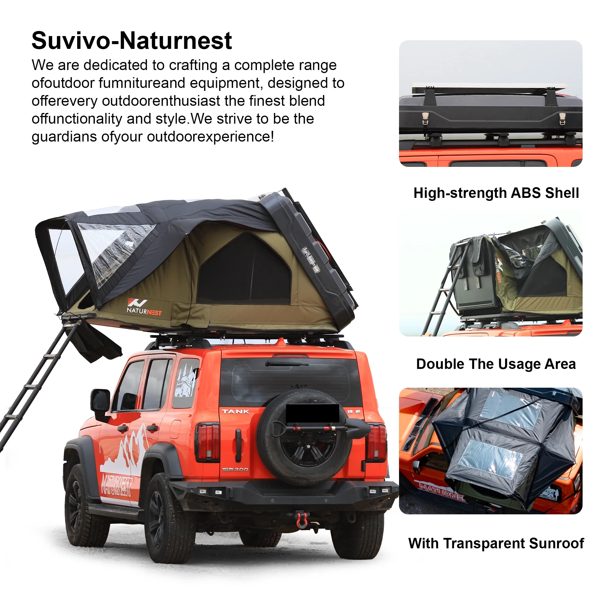 Naturnest Rooftop Tent Hard Shell, Easy Set Up Pop Up Large Tent for 2-3 Person Camping, Waterproof Windproof UV-Resistant Blackout 4 Season Tents for Truck, Jeep, SUV, Van, Trailer - Sirius 1 Plus