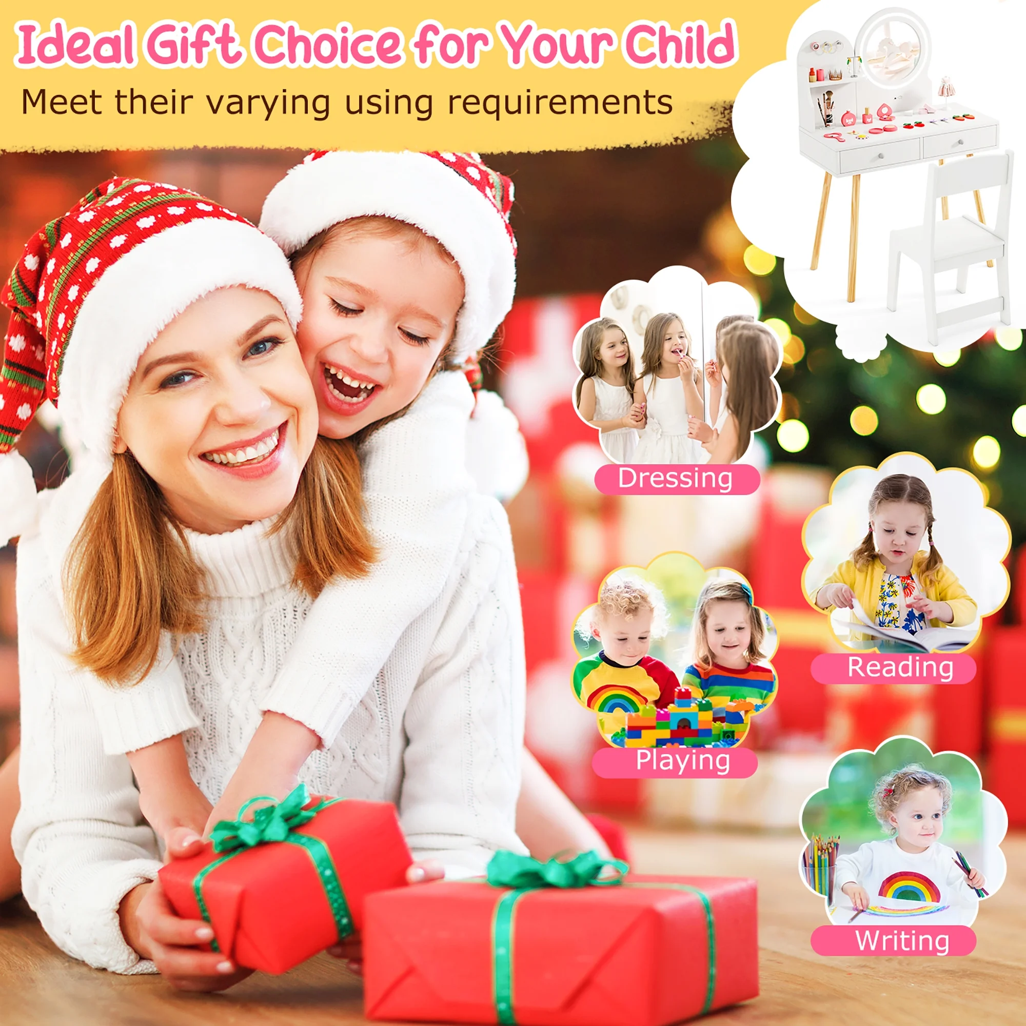 Gymax Kids Vanity Set w/ Lighted Mirror Princess Makeup Dressing Desk & Chair Set White