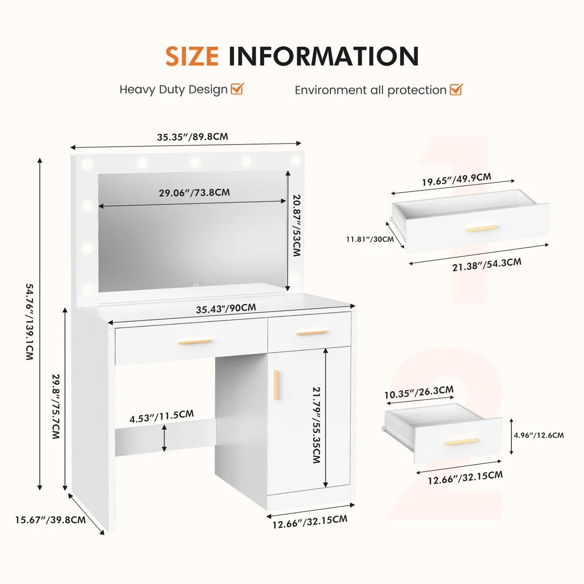 Blorly White Vanity Desk with Mirror, Makeup Vanity Table with LED Lights and Power Outlet, 3 Drawer, 4 Shelves, 1 Cabinet