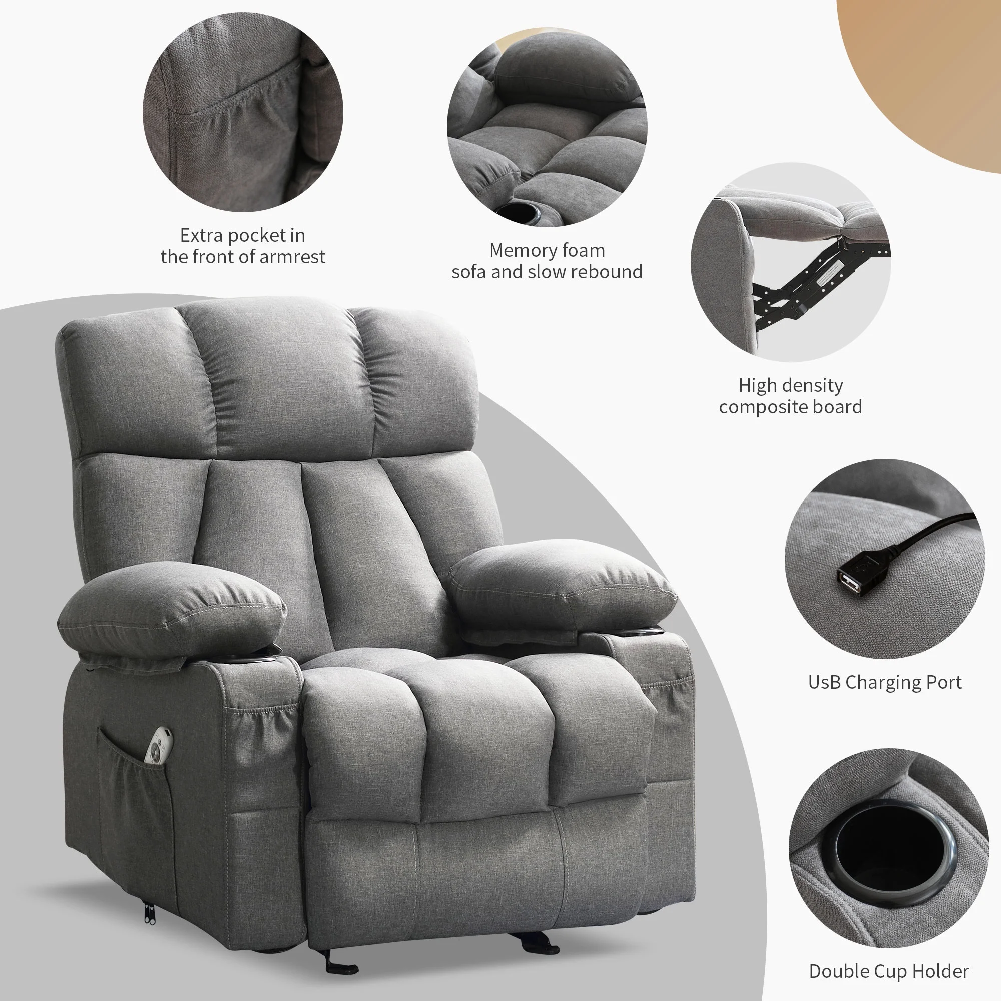 JONPONY Manual Recliner Chair with Heat Therapy and Massage Function, Heavy Duty Reclining Mechanism Massage Chair, Elderly Single Rocker Sofa with Cup Holders for Bedroom Home Theater,Grey