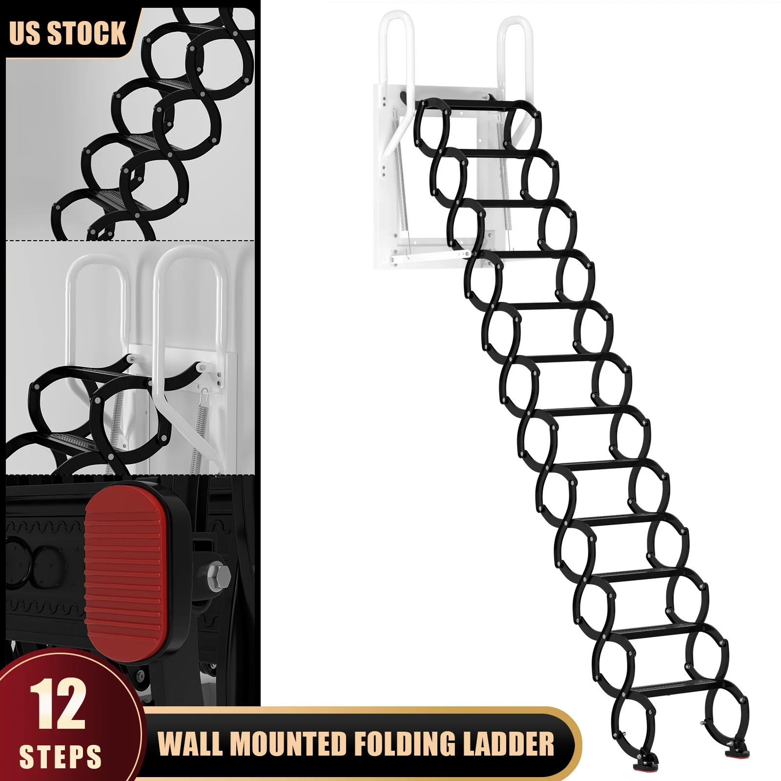 Mad Hornets Wall Mounted Folding Ladder Black Loft Attic Stairs Pull down 12 Steps