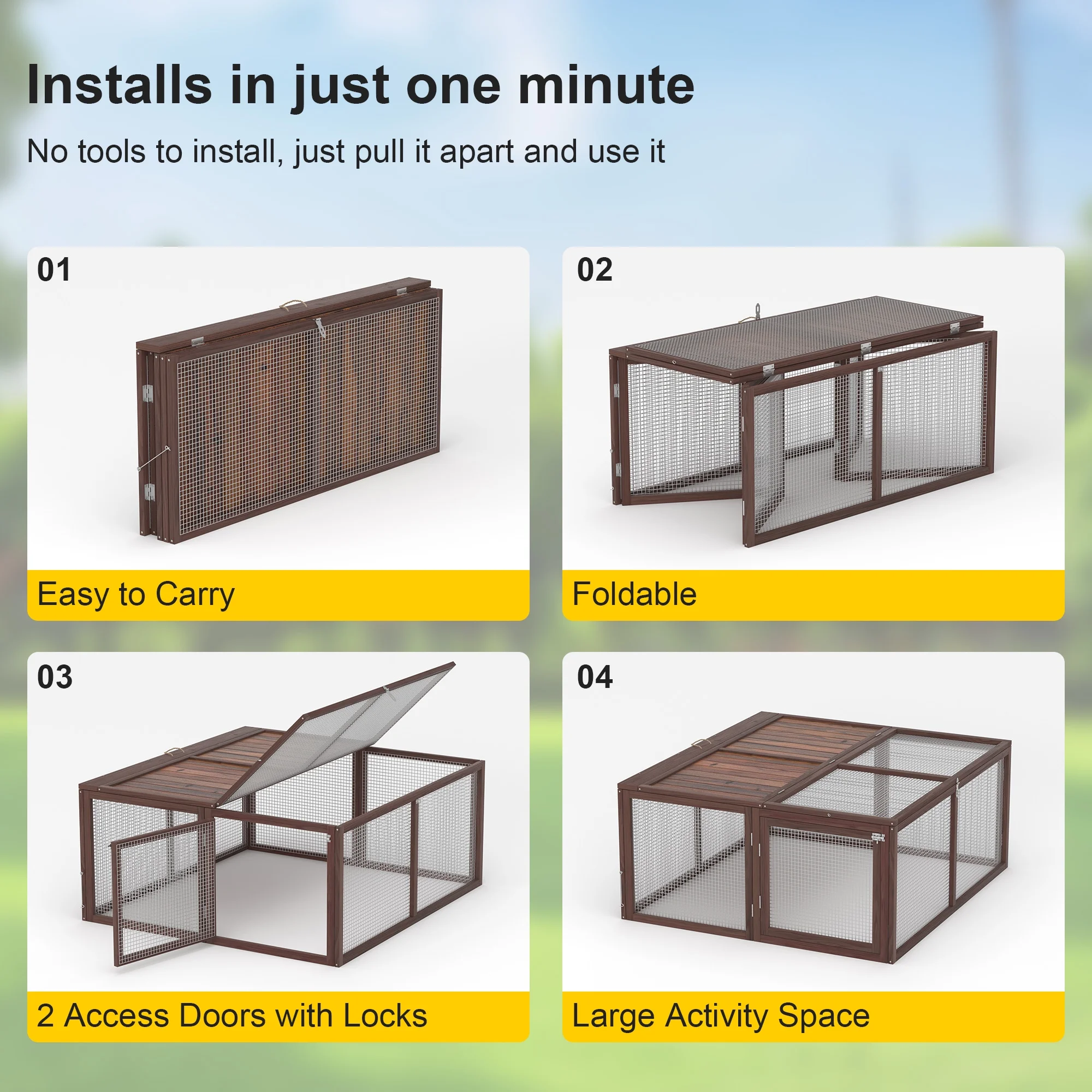 Portable Chicken Coop Run Rabbit Hutch Outdoor Small Animal Cage House Wooden Poultry Enclosure for Bunny, Duck, Chick, Quail, No Assembly Required