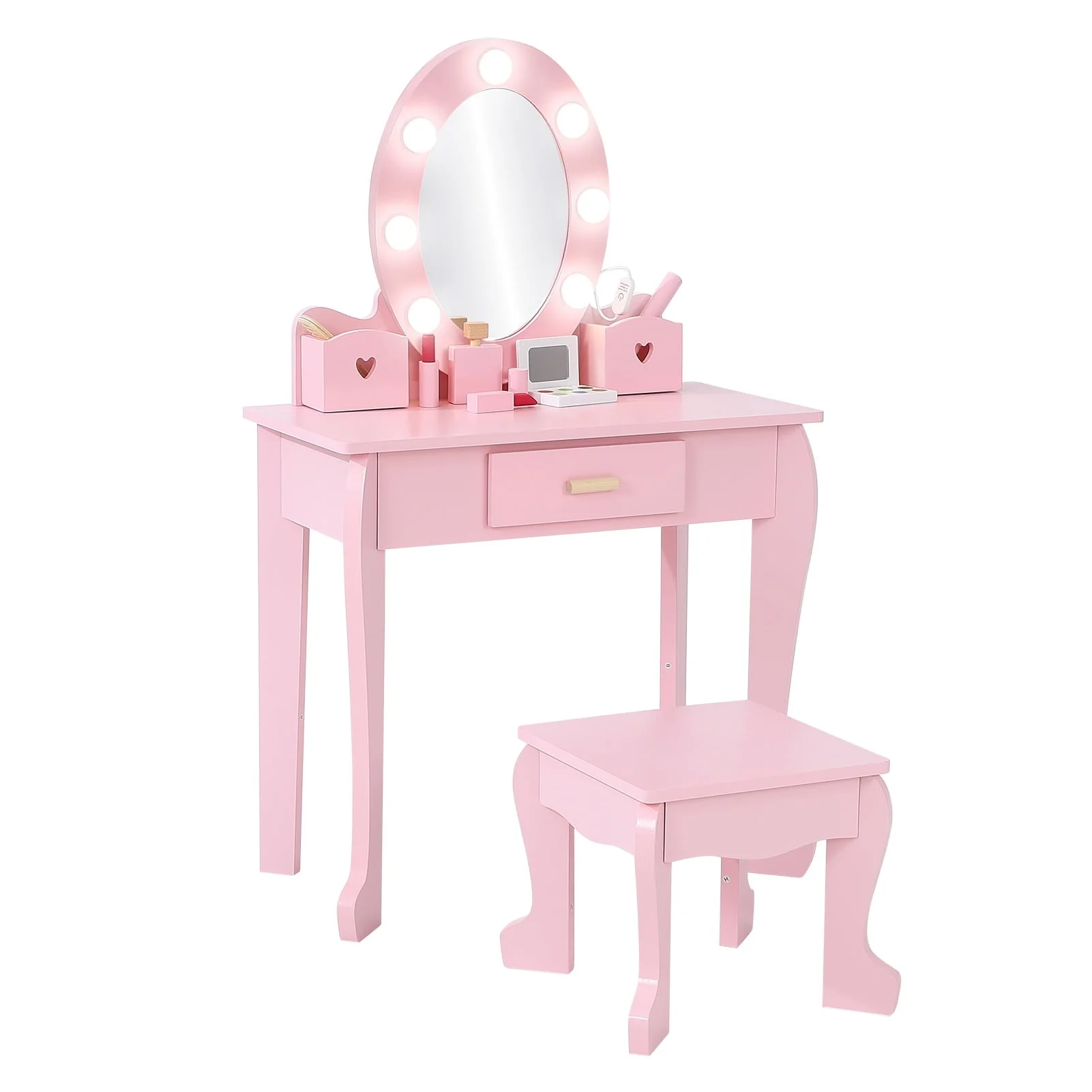 Girl Vanity Table and Chair Set, Kids Wood Makeup Dressing Table with Lights, Mirror, Drawer & Stool