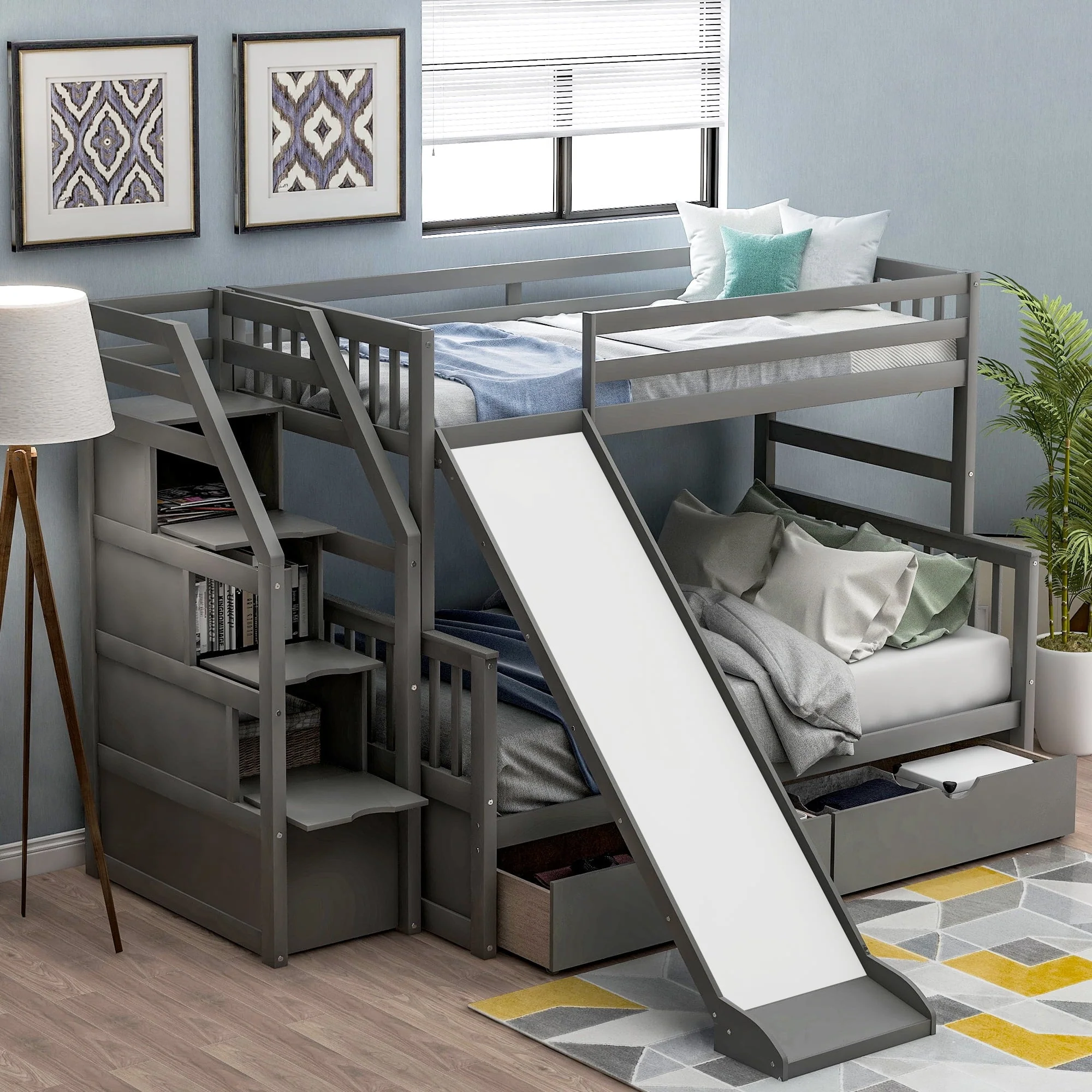 Euroco Wood Twin Over Full Bunk Bed with Drawers and Slide, Gray