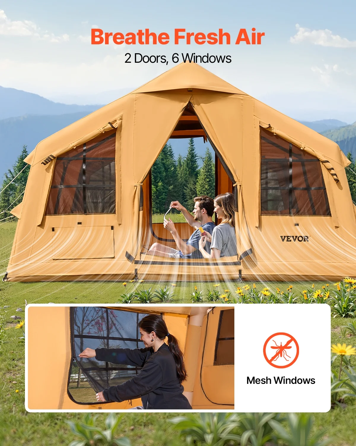 VEVOR Inflatable Tents for Camping,8-12 Person Easy Setup Blow up Tent with Hand Pump,4 Season Luxury Glamping Tent with 2 Skylights, Canopy,Stove Jack, 2 Doors & Mesh Windows(Include Storage Bag)
