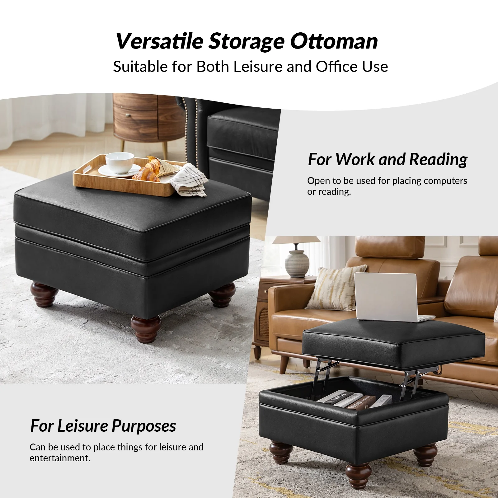 36'' Wide Blue Round Large Ottoman Tufted Coffee Table with Storage Wood Legs Home Living Room