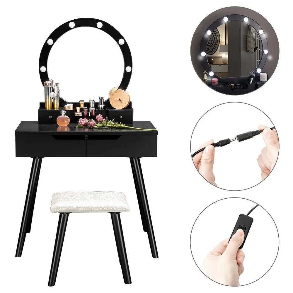 Ktaxon Vanity Set with Round Lighted Mirror, Makeup Dressing Table with 8 Light Bulbs & Cushioned Stool Set,Bedroom Vanities Set Black