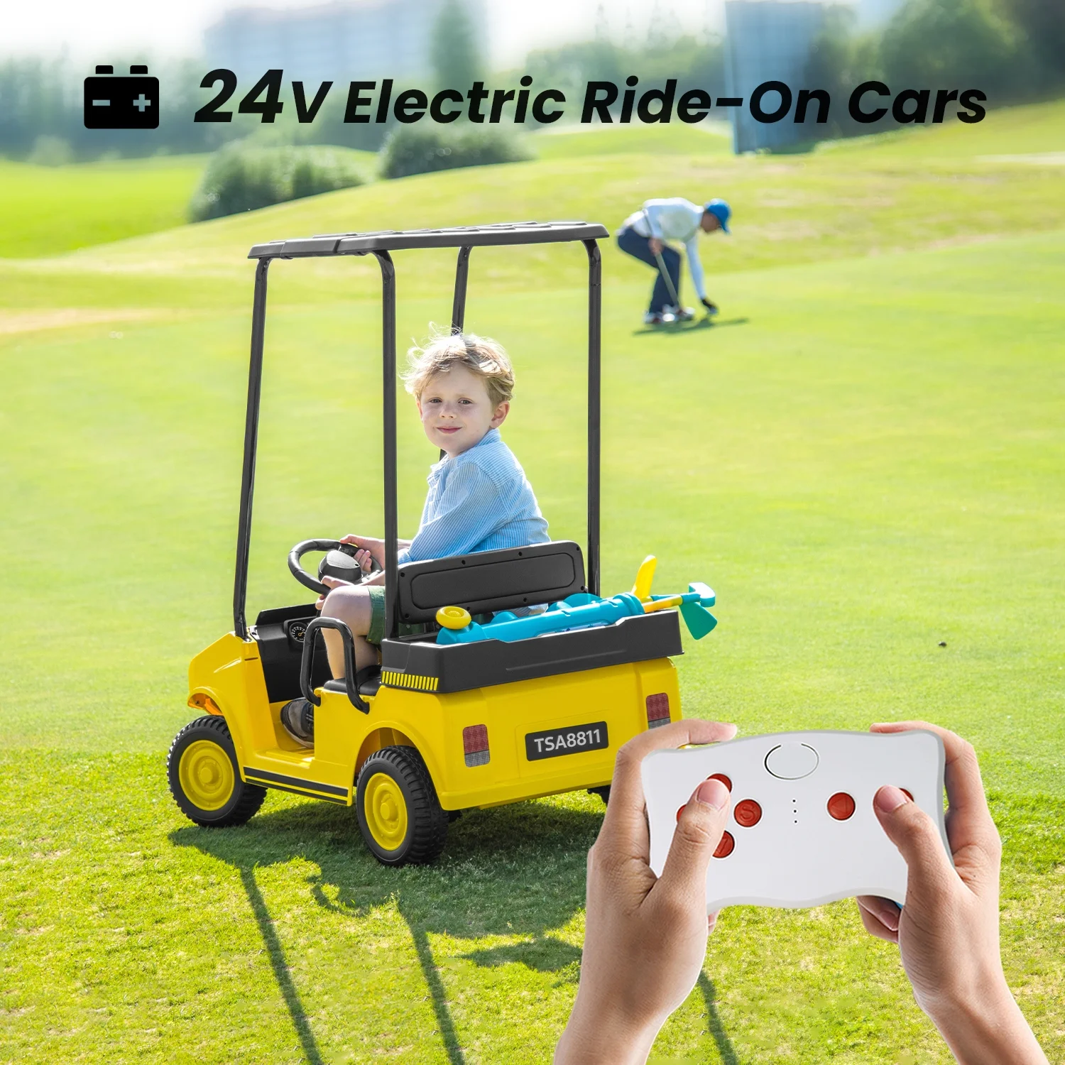 Track Seven 24V Ride on Car, Electric Golf Cart with Ceiling, Ride on Truck with Remote Control, Music, Rear Storage Box, Electric Car for Boys Girls Age 3+, 18.5