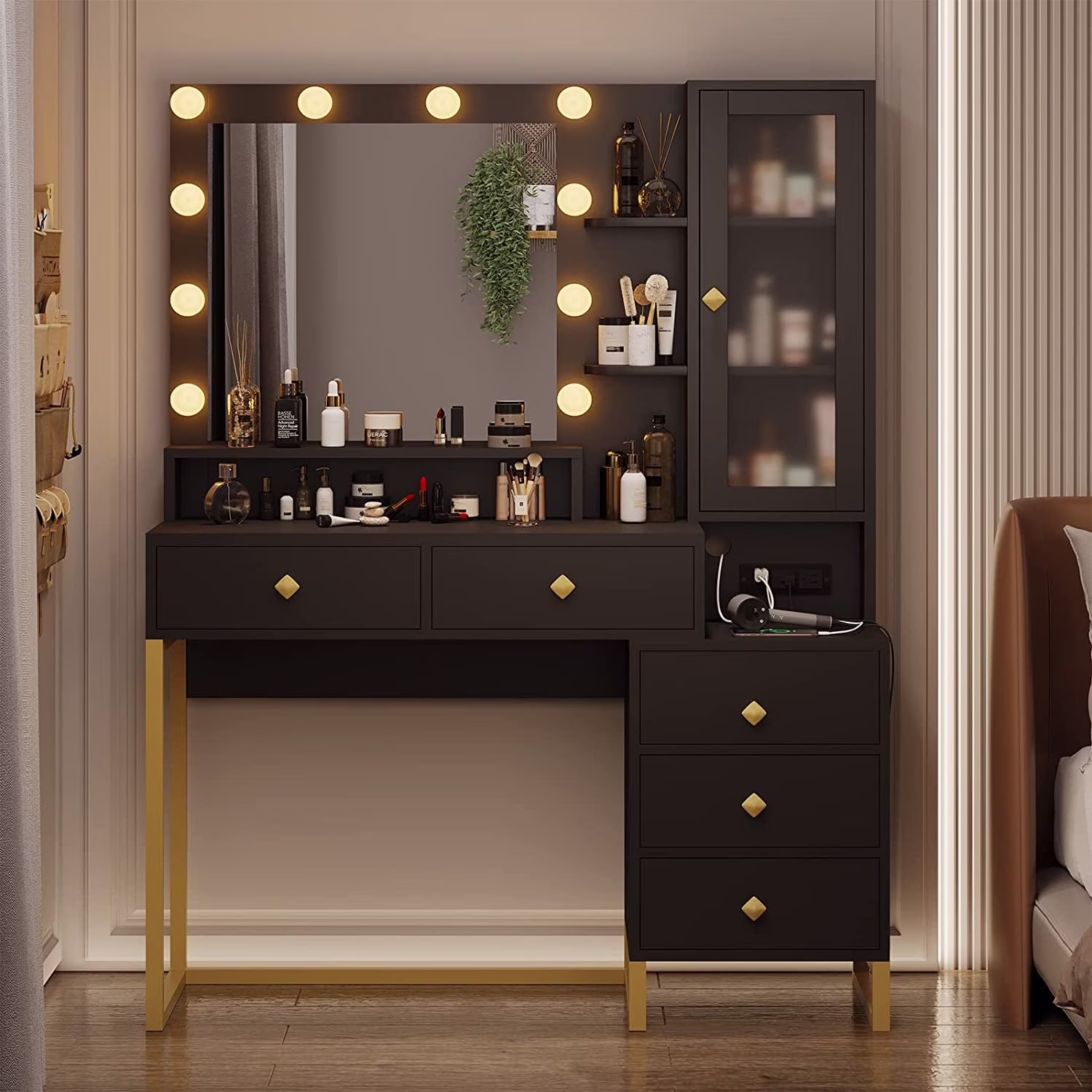 Afuhokles Large Makeup Vanity with Lights, Vanity Table with Charging Station Vanity Desk with Mirror and 10 LED Light Bulbs, 5 Drawers, White