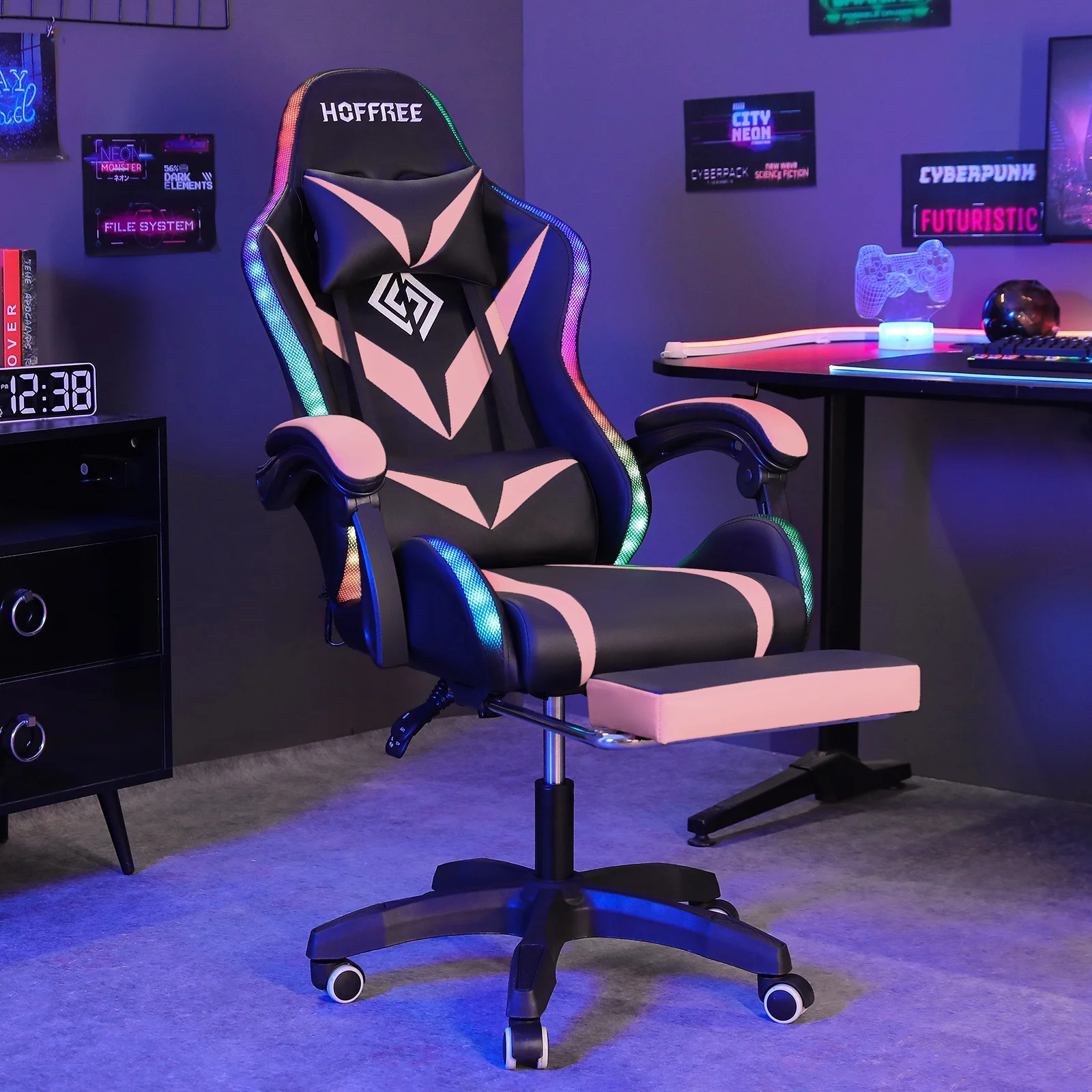 Hoffree Gaming Chair with Speakers PU Leather Office Chair with Footrest and LED Lights Ergonomic Gamer Chair with Massage Lumbar Support and Headrest Adjustable Swivel for Home Office 300lb
