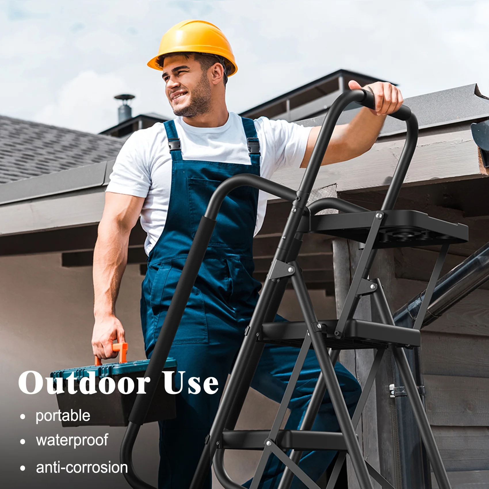 JOZ 5-Step Ladder, 350lbs Portable Folding Ladders for Home, with Handrails and Tool Tray and Anti-Slip Pedal, Black