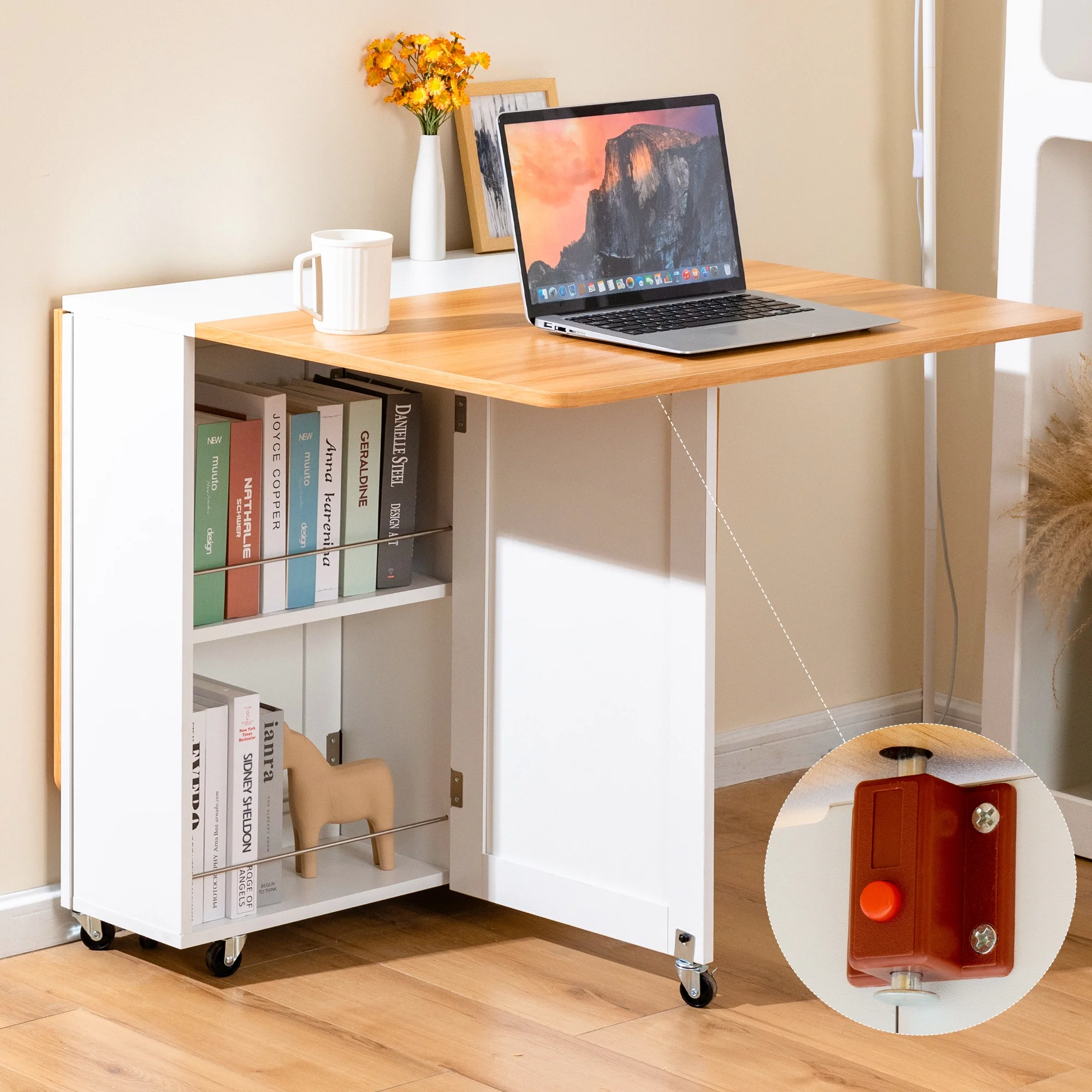 spanspace Folding Dining Table, Drop Leaf Dining Table with 6 Wheels and 2-Layer Storage Shelf, Space Saving Dining Table for Small Spaces,Folding Kitchen Table,White