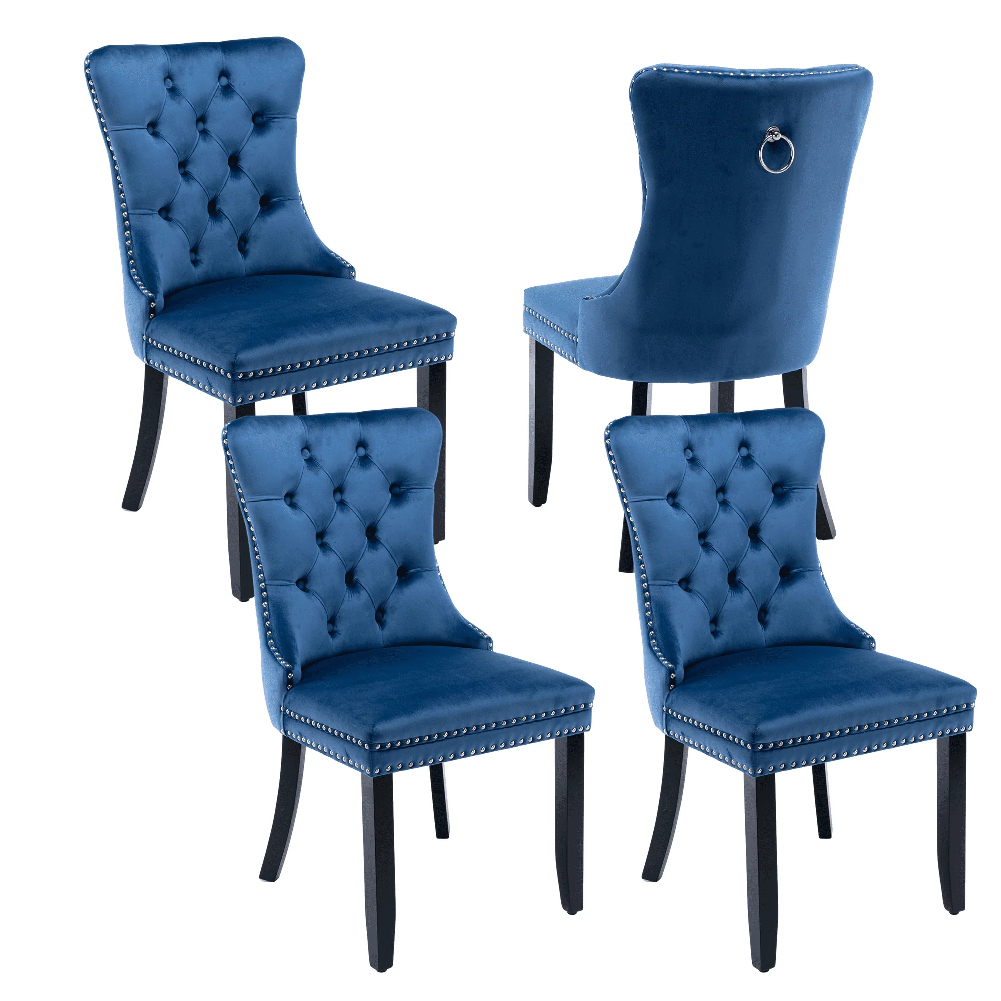 Elegant Button Tufted Dining Chairs, High-end Velvet Upholstered Dining Chairs with Nailhead Back and Ring Pull Trim, Solid Wood Dining Chairs for Kitchen Bedroom Dining Room (Blue,Set of 4)