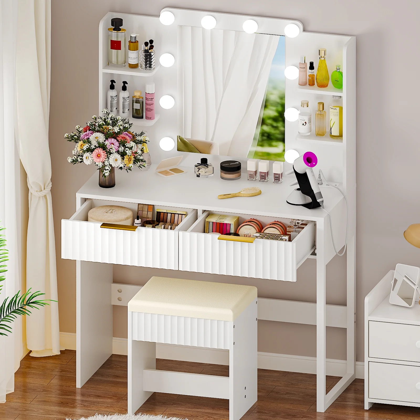 Ktaxon Lighted Makeup Vanity, White Vanity Table Set with 2 Drawer and Charging Station, Femal Gift