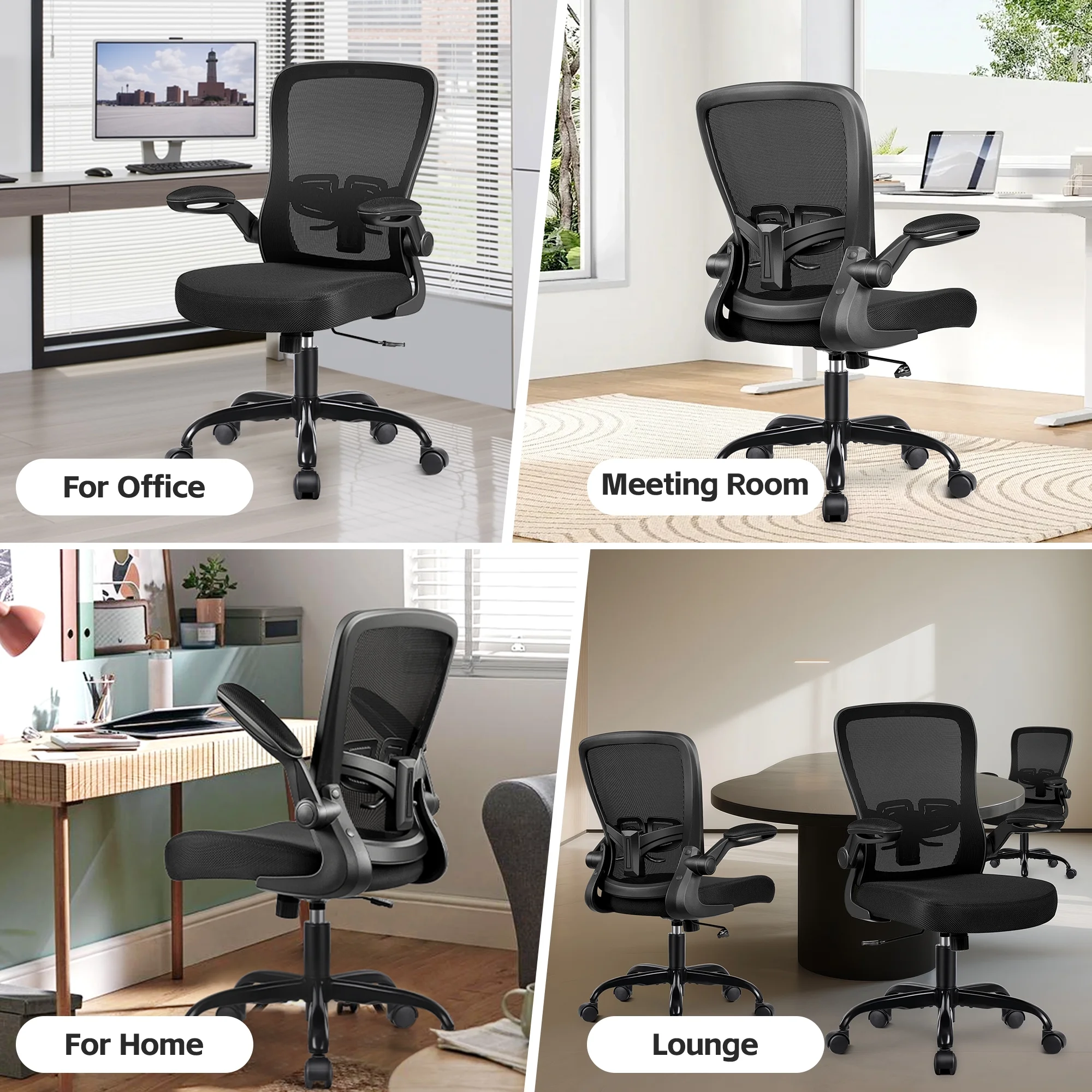 COOLHUT Ergonomic Office Chair, 400LBS Task Chair, Comfort Desk Chair with Adjustable Lumbar Support and Flip up Arms, Black