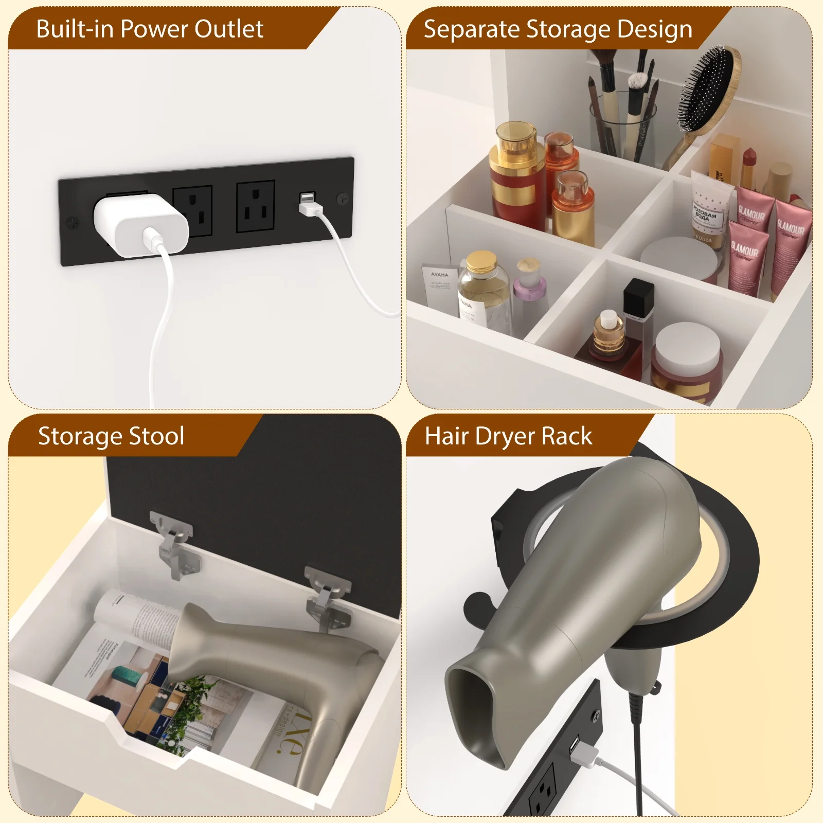 Vanity Table Set with Mirrors and Adjustable Lights ,Makeup vanity With Power Outlet for Bedroom Dressing Room,White