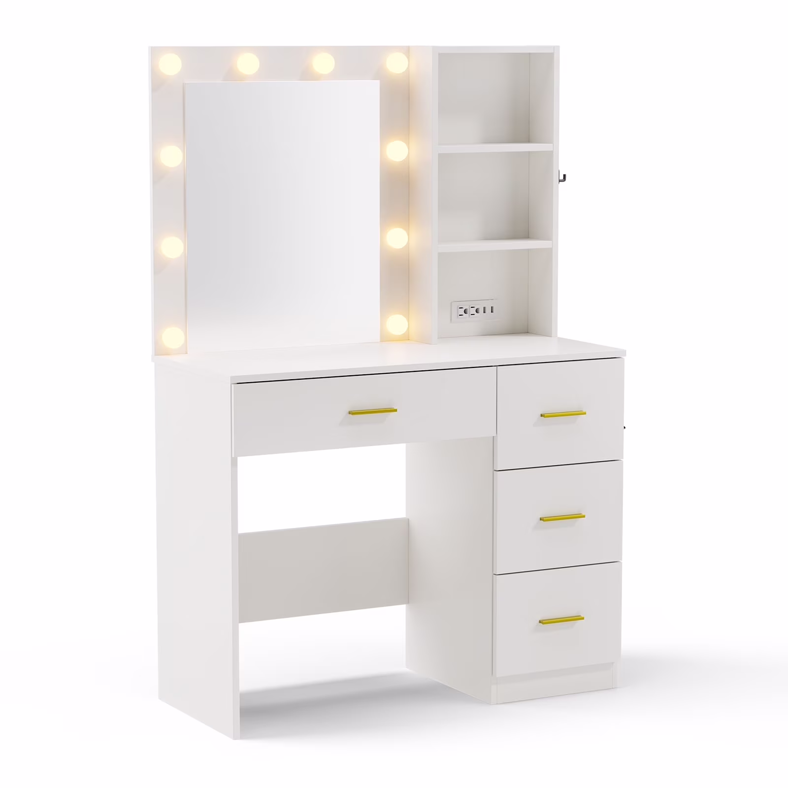 Makeup Vanity with Mirror and 3 Color Lights,Vanity Dressing Table with USB Charging Station,4 Drawers,Open Storage Shelves,White
