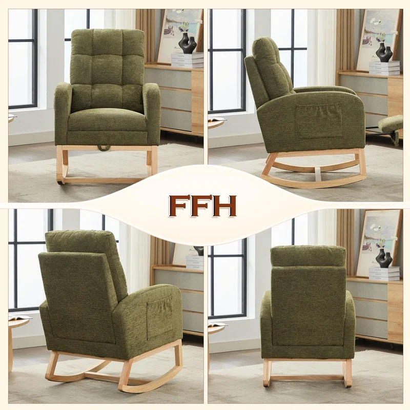 FFH Rocking Chair Nursery, Tufted Accent Rocker Chair, Upholstered Armchair with Adjustable Footrest, Side Pocket, High Backrest, Padded Seat, Polyester Blend (Retro, Dark Gray)