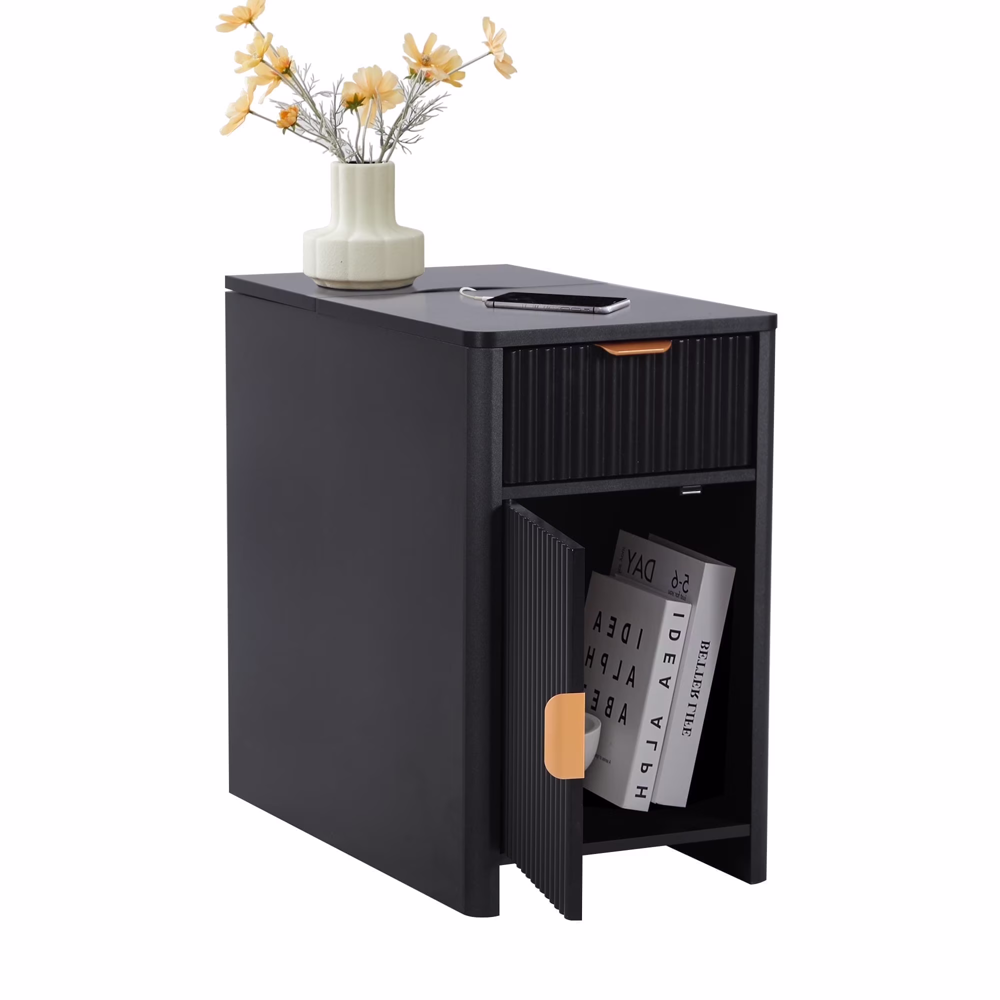 YOCWO Fluted Nightstand for Bedroom Set of 2 , Wood Bedside Table Set of 2 with Drawers, Black