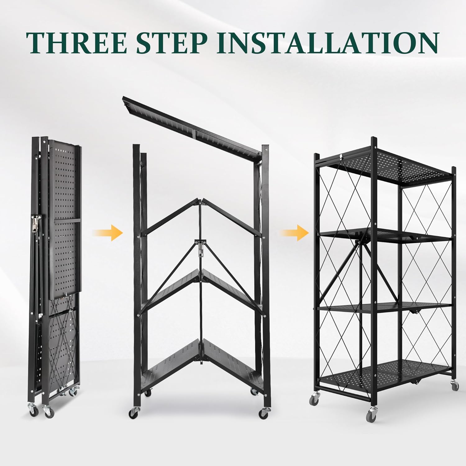 Foldable 4-Tier Storage Shelves with Wheels, No Assembly Bookshelf, Heavy Duty Kitchen Racks and Shelves, Rolling Microwave Cart, White