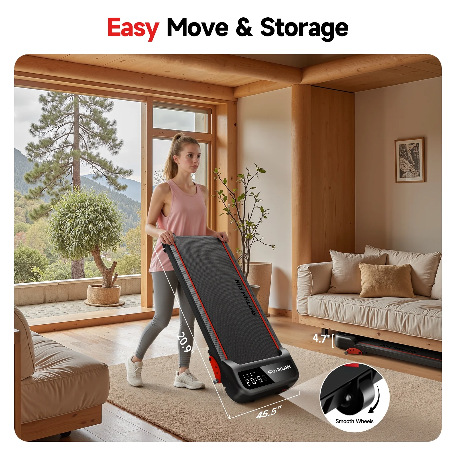 RHYTHM FUN Walking Pad Treadmill with Incline, Under Desk Fitness Machine for Home & Office, 300 lbs Portable, LED Display, Remote Control