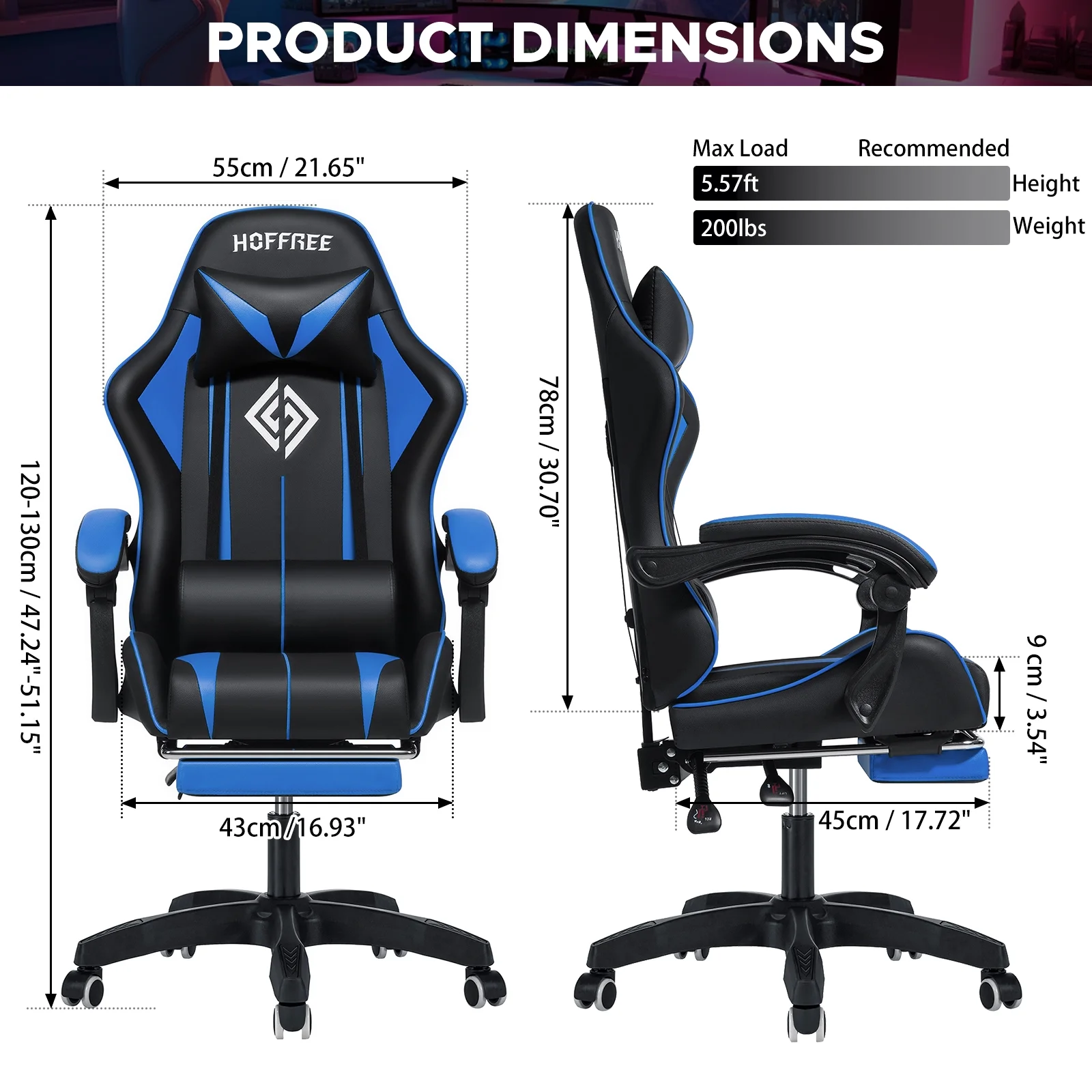 Hoffree Gaming Chair Massage Game Chair with Footrest and Massage Lumbar Support Ergonomic Computer Chair Height Adjustable with Swivel Seat and Headrest