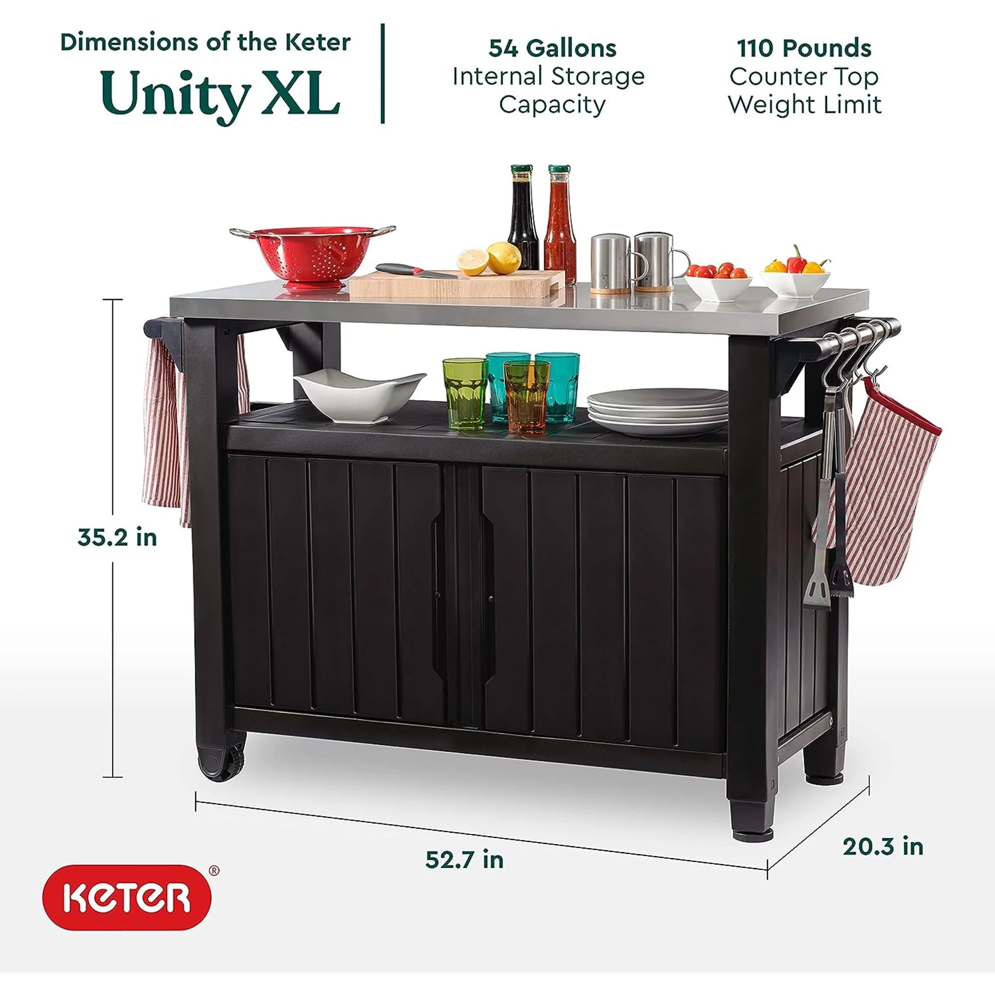Keter Unity XL Outdoor Kitchen Bar Rolling Cart with Storage Cabinet, Brown