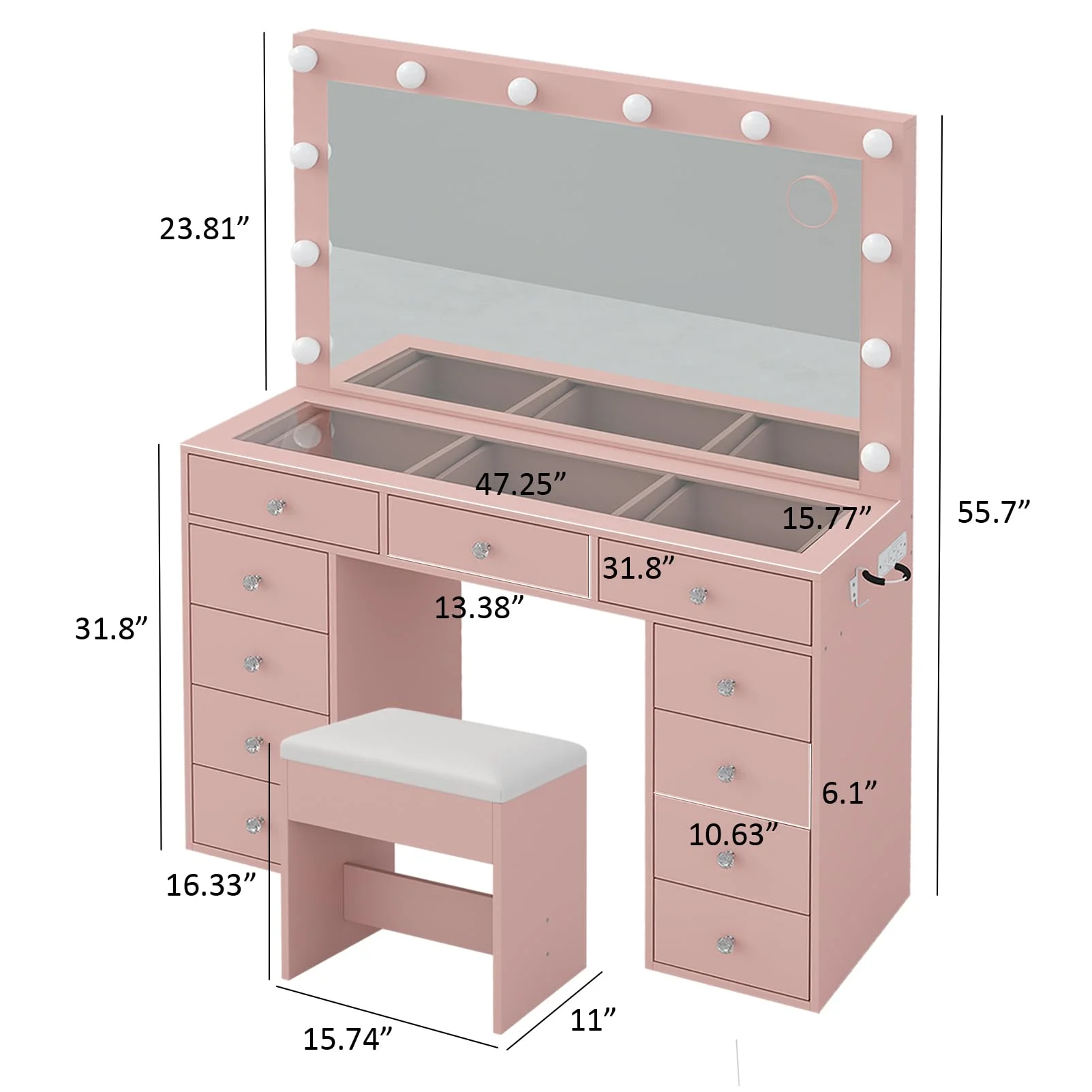 White Vanity Desk with Illuminated Mirror & Power Outlet, 11 Drawers Vanity Table with Chair, Makeup Vanity with 12 LED Lights, Tempered Glass Top, Dressing Table for Bedroom,Dressing Room