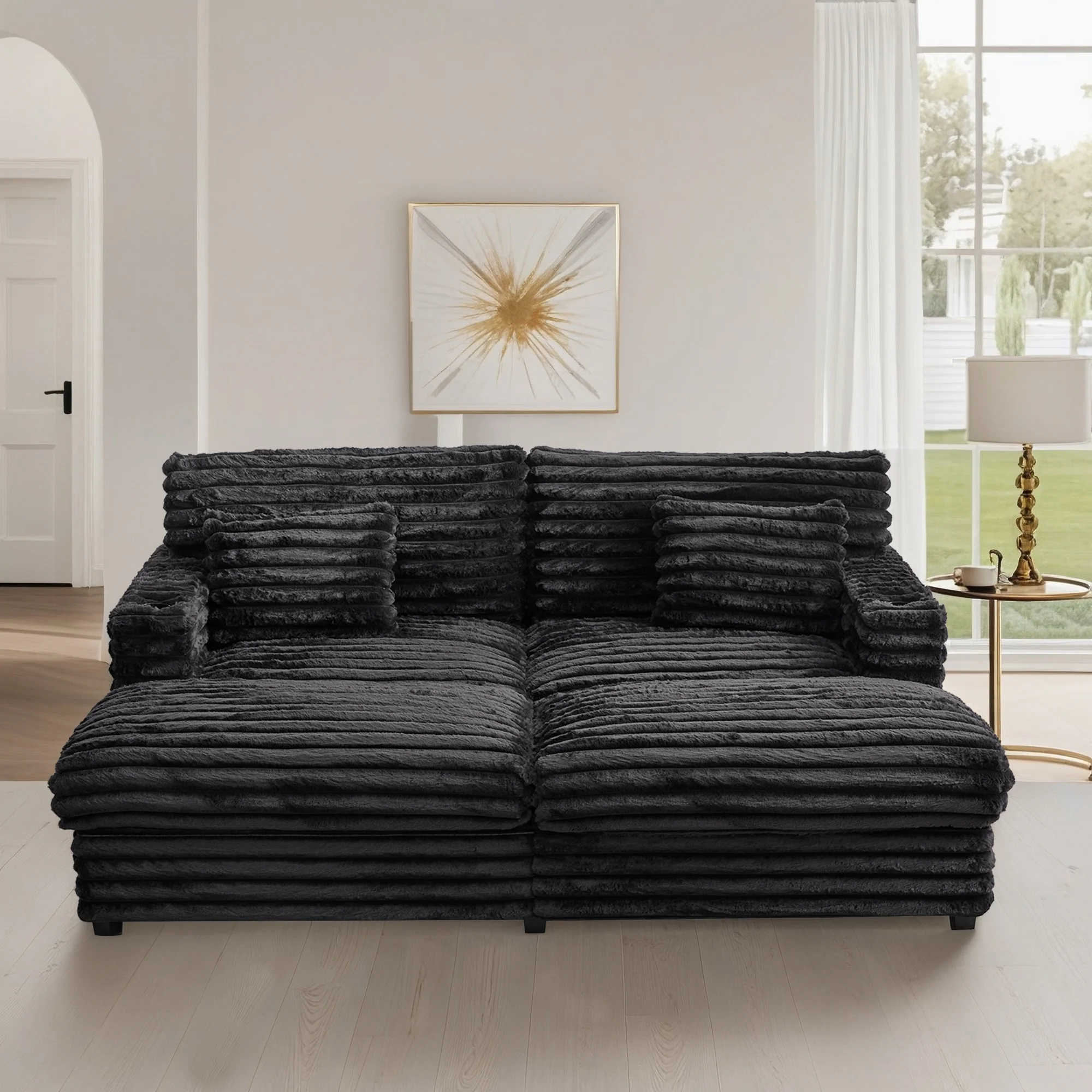 Oversized Double Chaise Lounge, Faux Fur Upholstered Deep Seat Sofa with 2 Pillows, 2 Cupholders, and Dual USB Ports