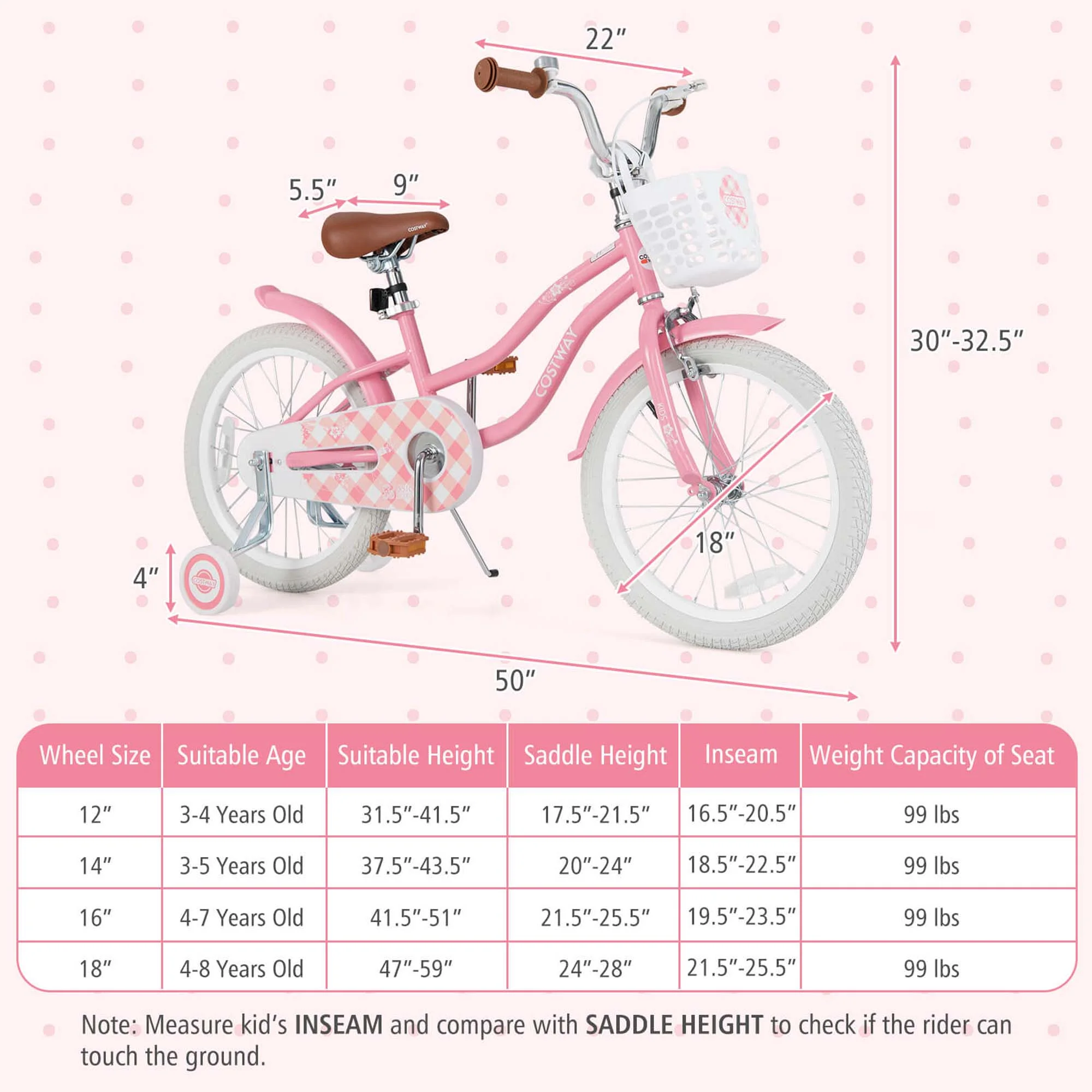 Costway 18'' Kids Bike Toddler Bicycle with Training Wheel Kickstand for 4-8 Years Old Pink