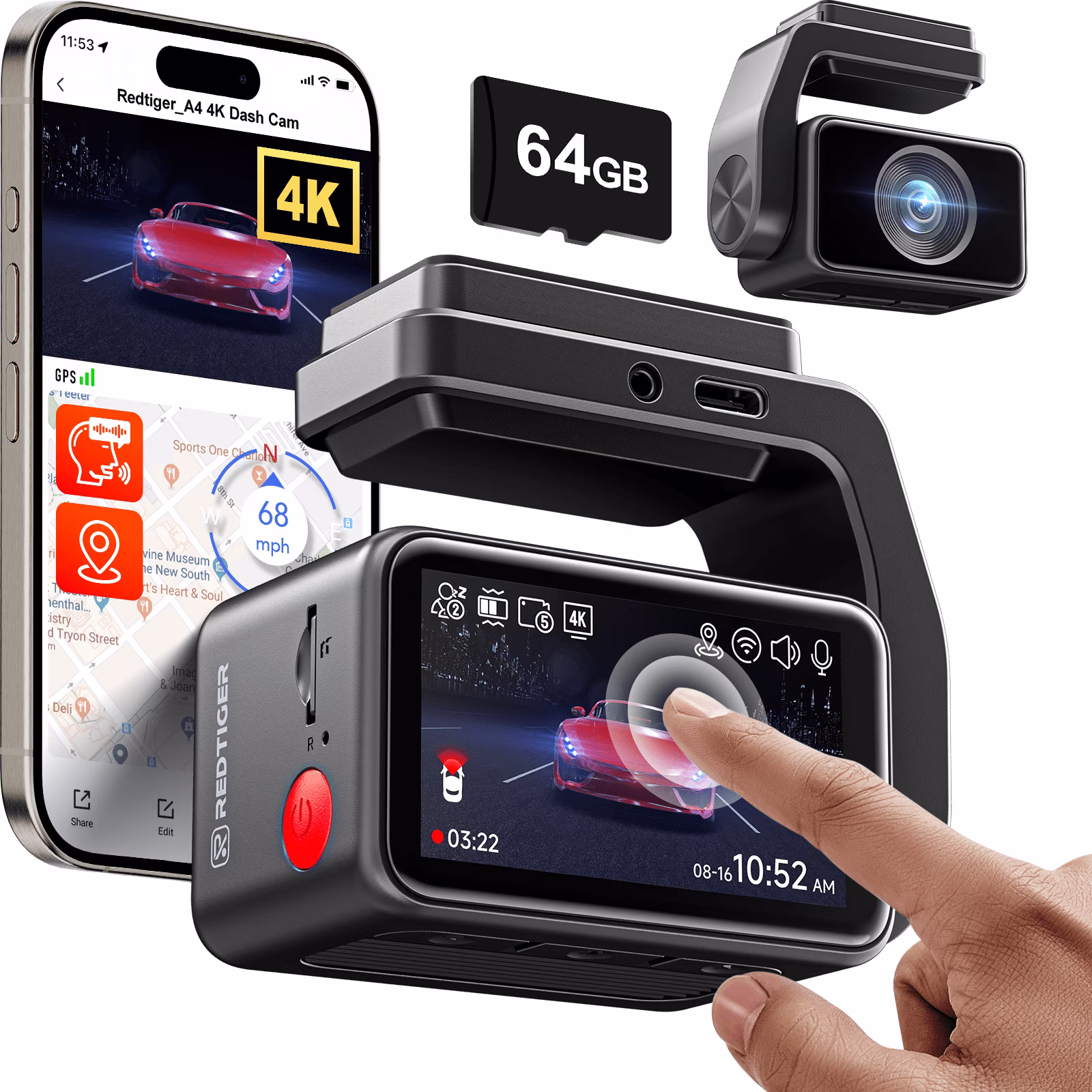 REDTIGER A4 Dash Cam 4K, Dash Cam Front and Rear with 5.8G Wifi & GPS, Touch Screen Dash Cam, Voice Control, Super Night Vision, G-Sensor, Free 64GB Card