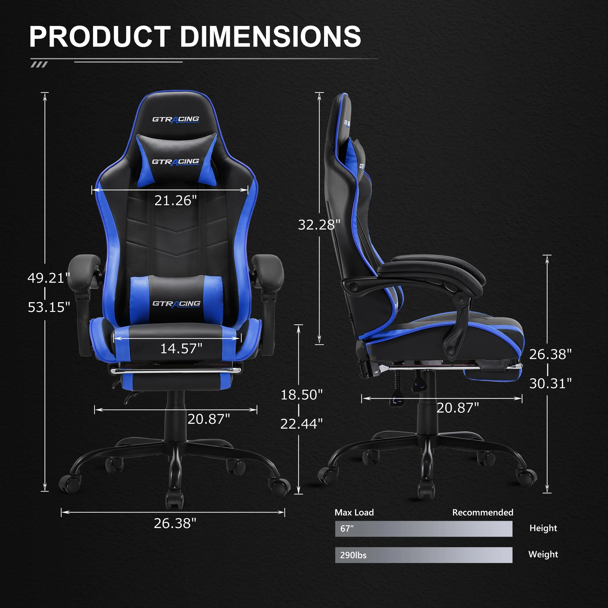 GTRACING GTWD-200 Ergonomic Gaming Chair with Adjustable Pillows and Footrest , Red