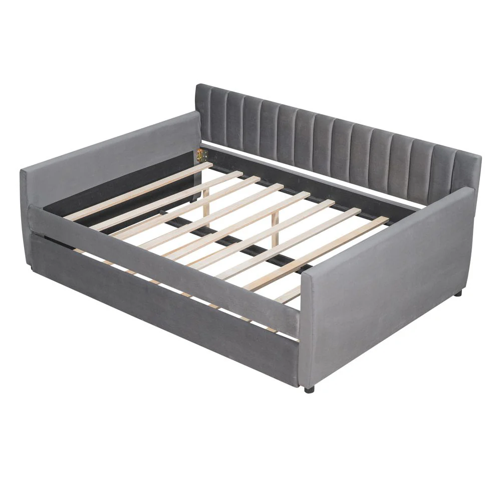 GZXS Full Size Upholstered Daybed with Trundle Bed for Living Room, Gray